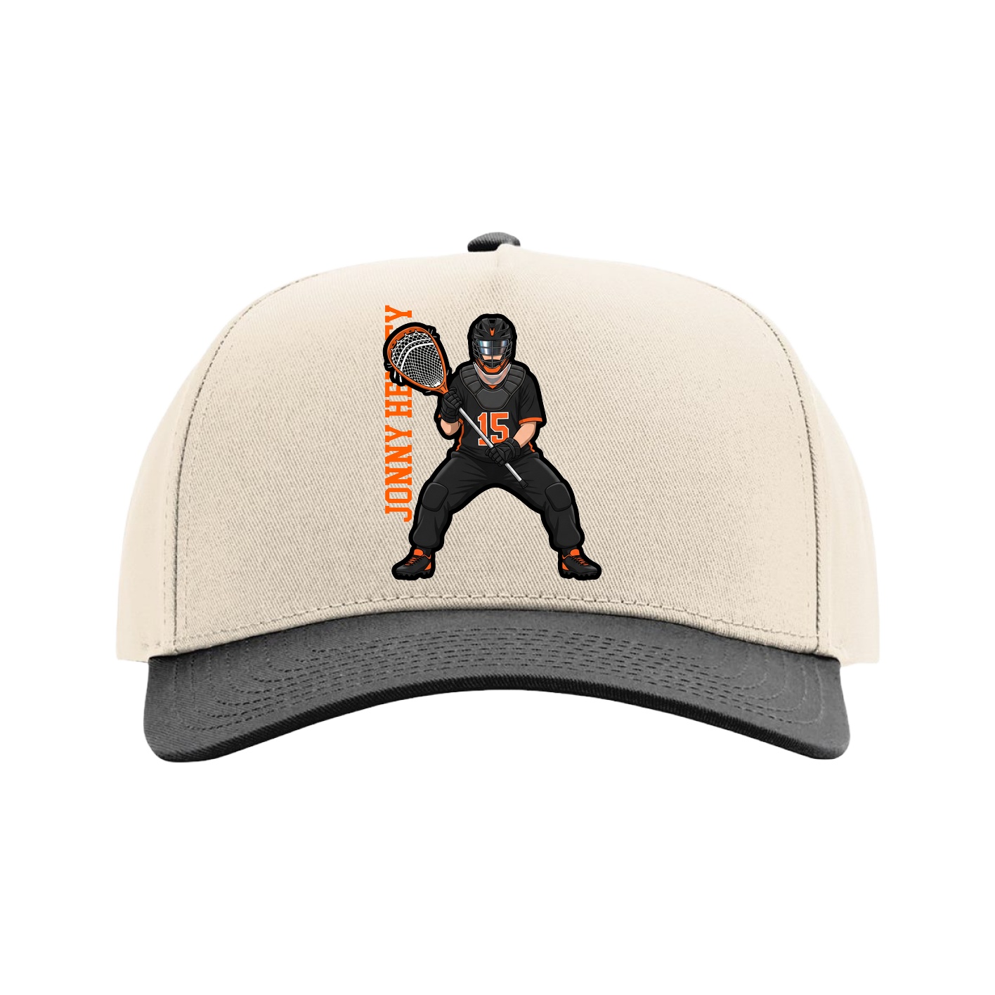 Full Fabric Five-Panel Champ Cap — Name Vertical in Cream/Black