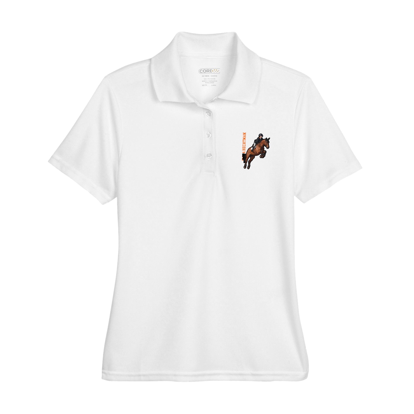Womens Performance Polo — Name Vertical in White