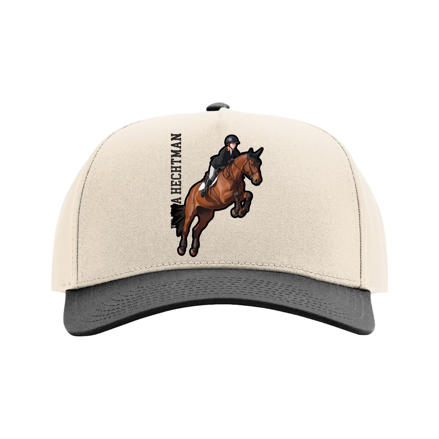 Full Fabric Five-Panel Champ Cap — Name Vertical in Cream/Black