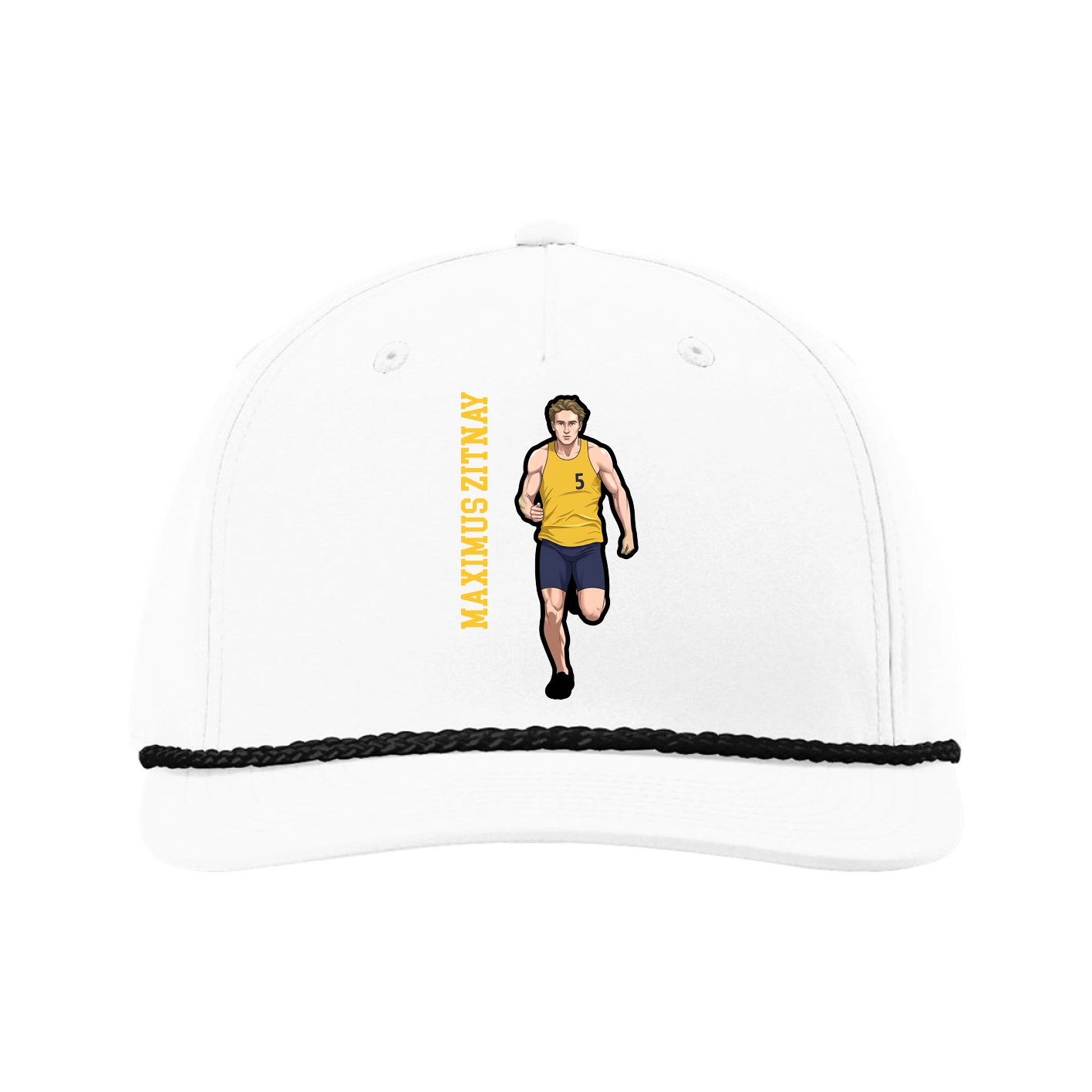 Five-Panel Classic Rope Cap — Name Vertical in White