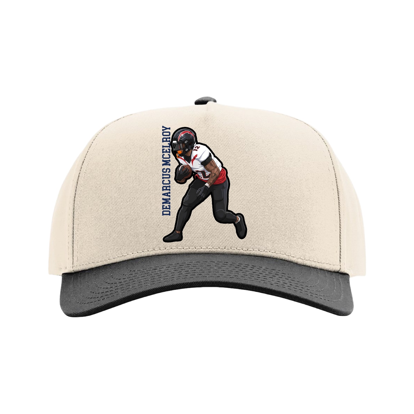 Full Fabric Five-Panel Champ Cap — Name Vertical in Cream/Black