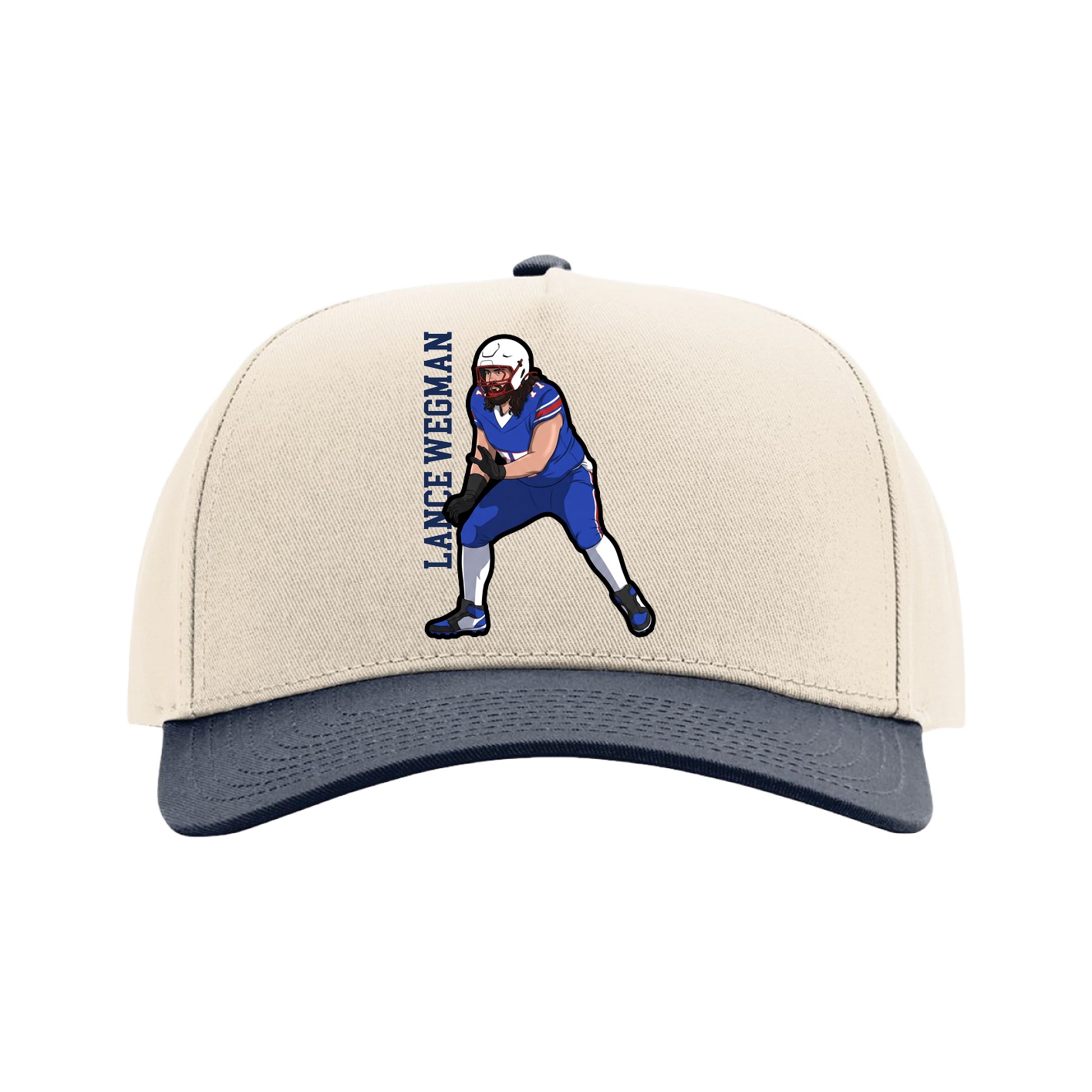 Full Fabric Five-Panel Champ Cap — Name Vertical in Cream/Navy