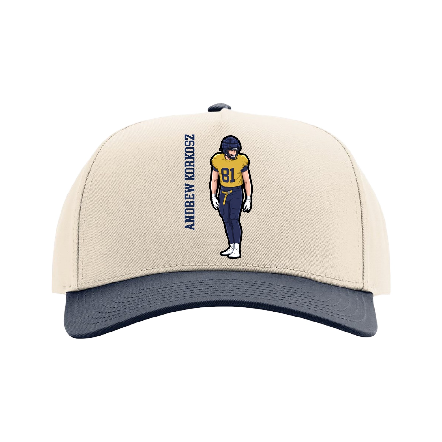 Full Fabric Five-Panel Champ Cap — Name Vertical in Cream/Navy
