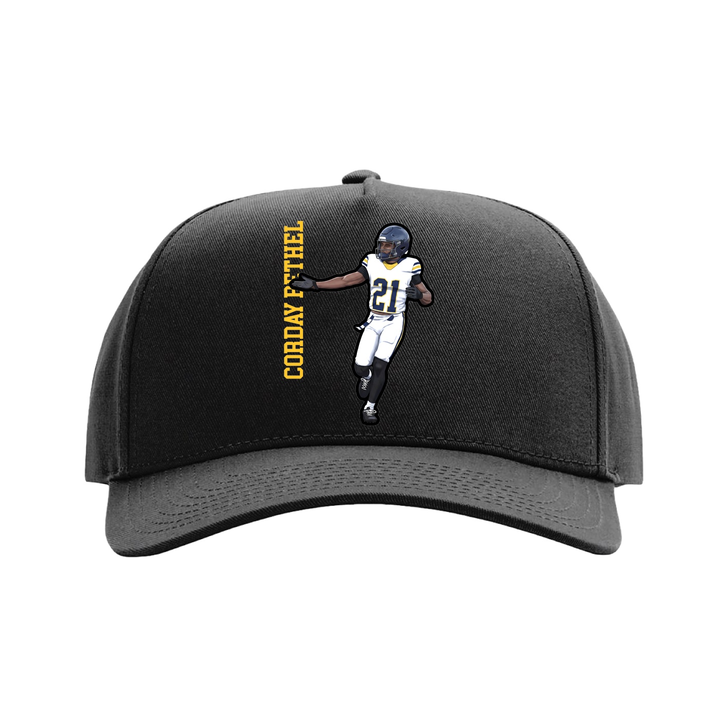 Full Fabric Five-Panel Champ Cap — Name Vertical in Black