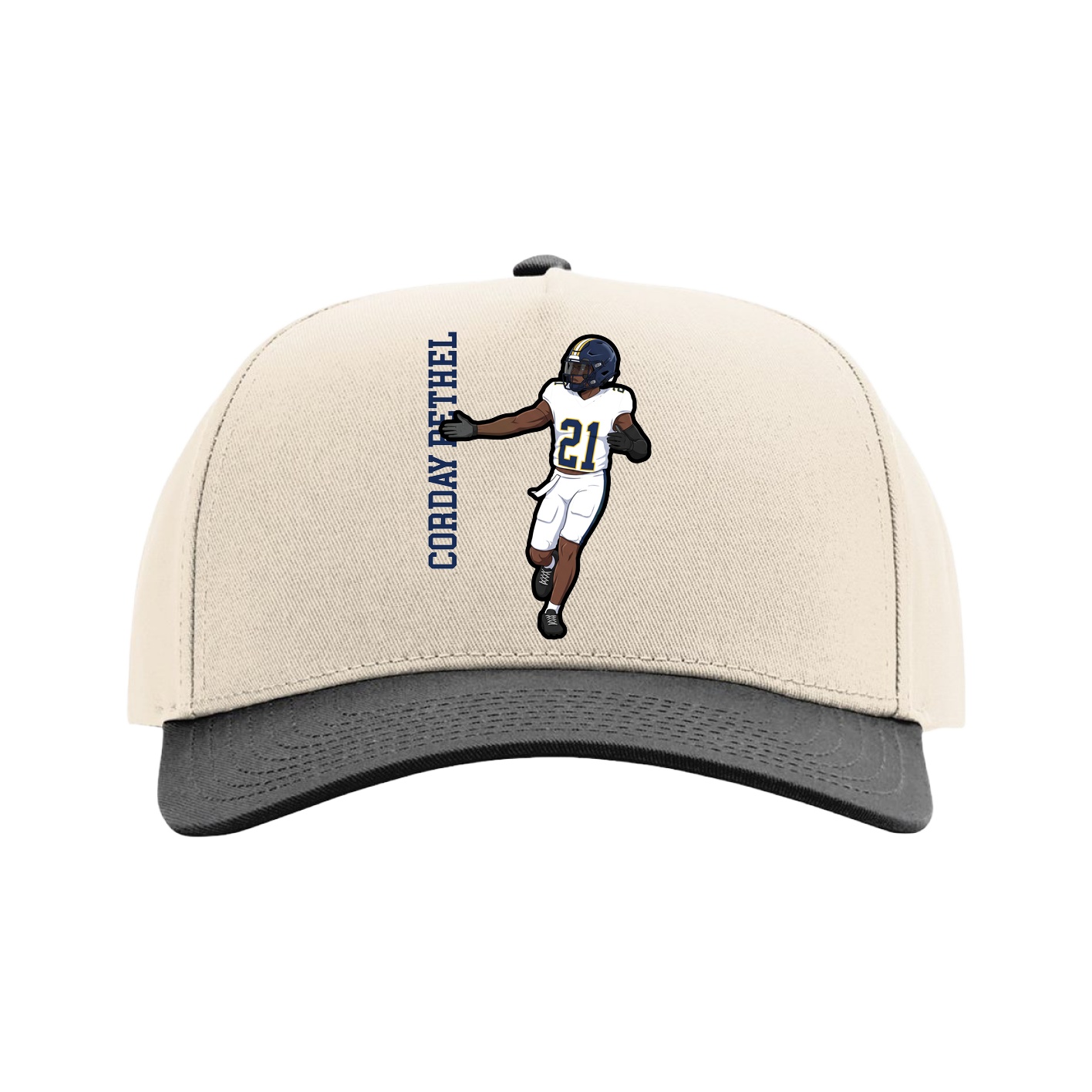 Full Fabric Five-Panel Champ Cap — Name Vertical in Cream/Black