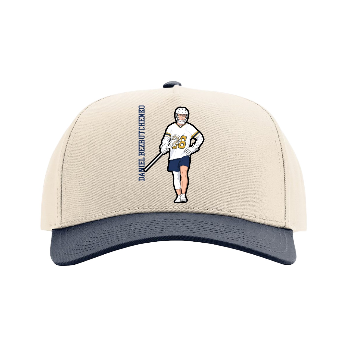 Full Fabric Five-Panel Champ Cap — Name Vertical in Cream/Navy