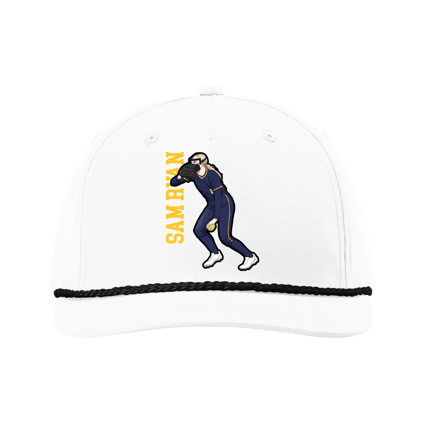 Five-Panel Classic Rope Cap — Name Vertical in White
