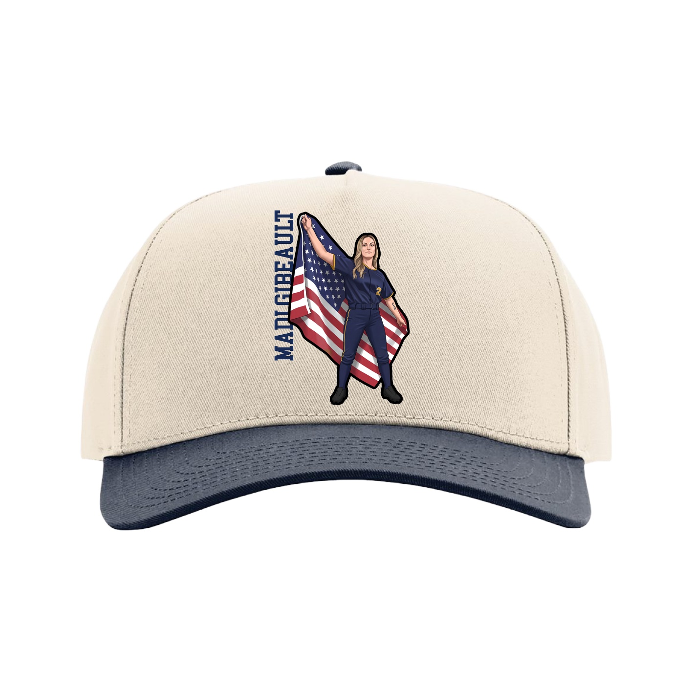 Full Fabric Five-Panel Champ Cap — Name Vertical in Cream/Navy