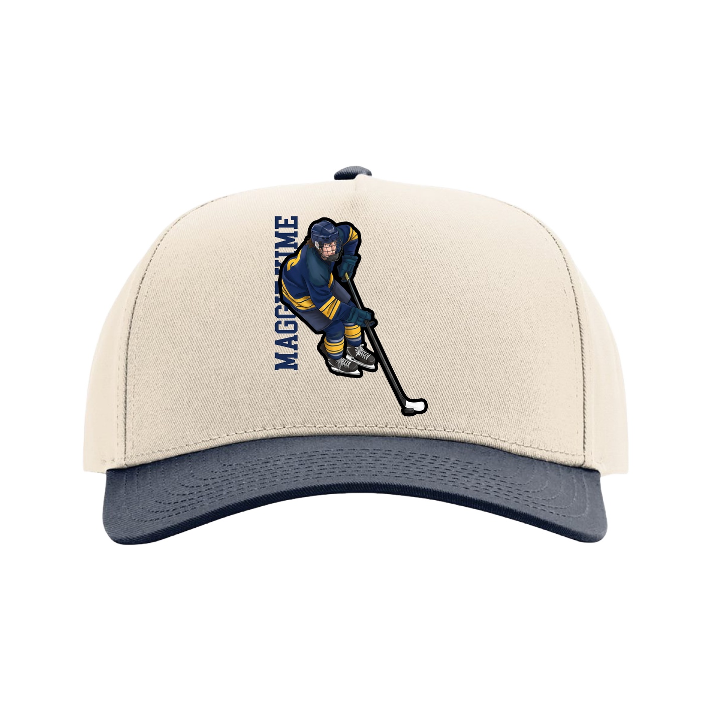 Full Fabric Five-Panel Champ Cap — Name Vertical in Cream/Navy
