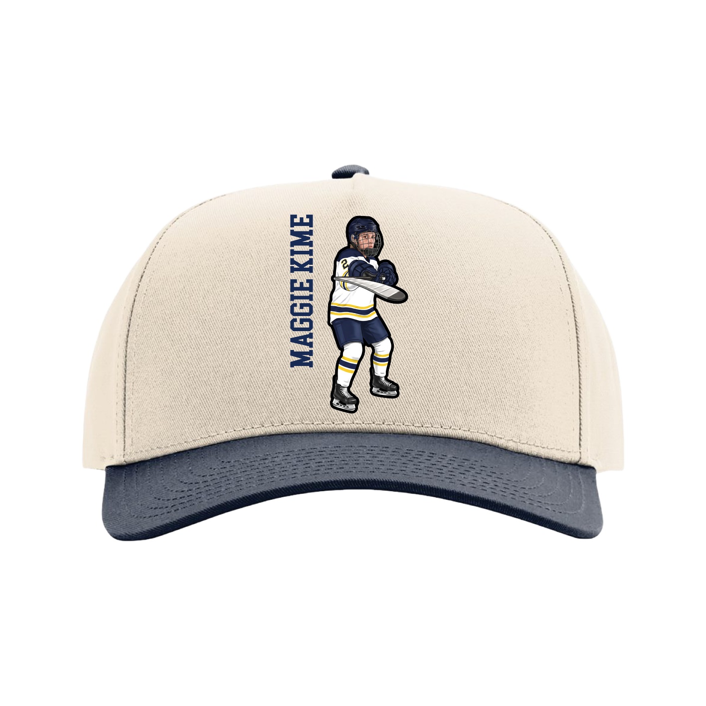 Full Fabric Five-Panel Champ Cap — Name Vertical in Cream/Navy