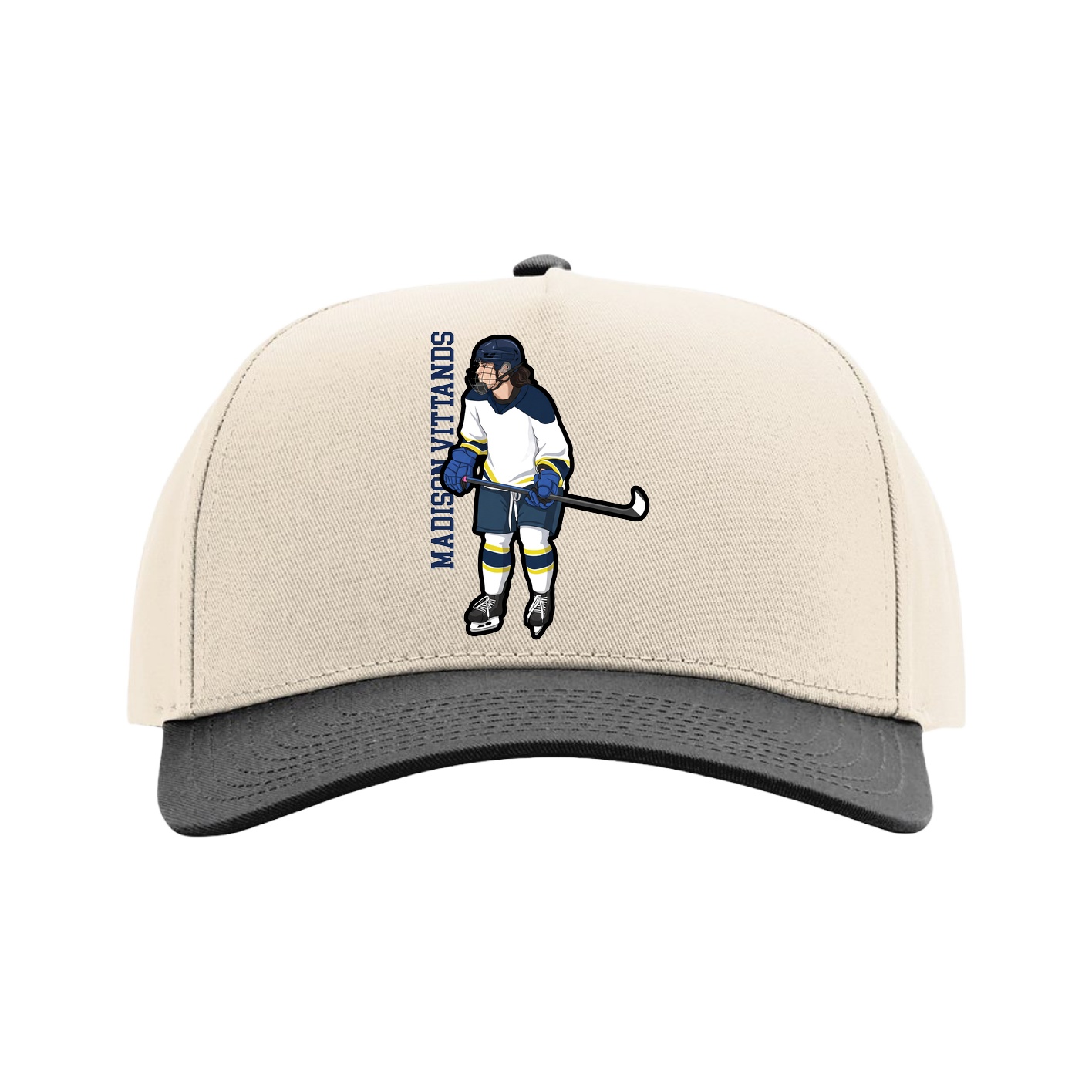 Full Fabric Five-Panel Champ Cap — Name Vertical in Cream/Black