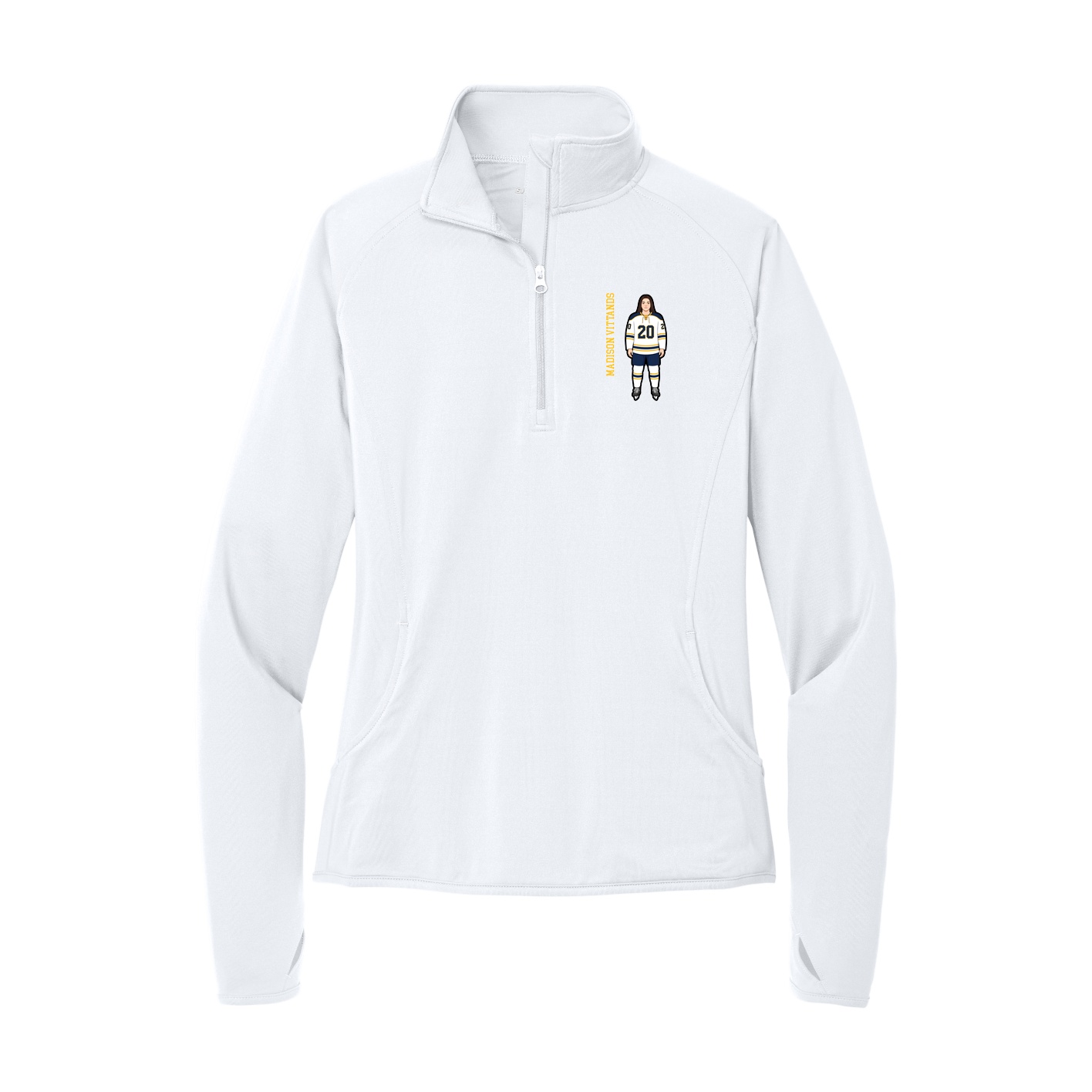 Women's Q-Zip Pullover — Name Vertical in White