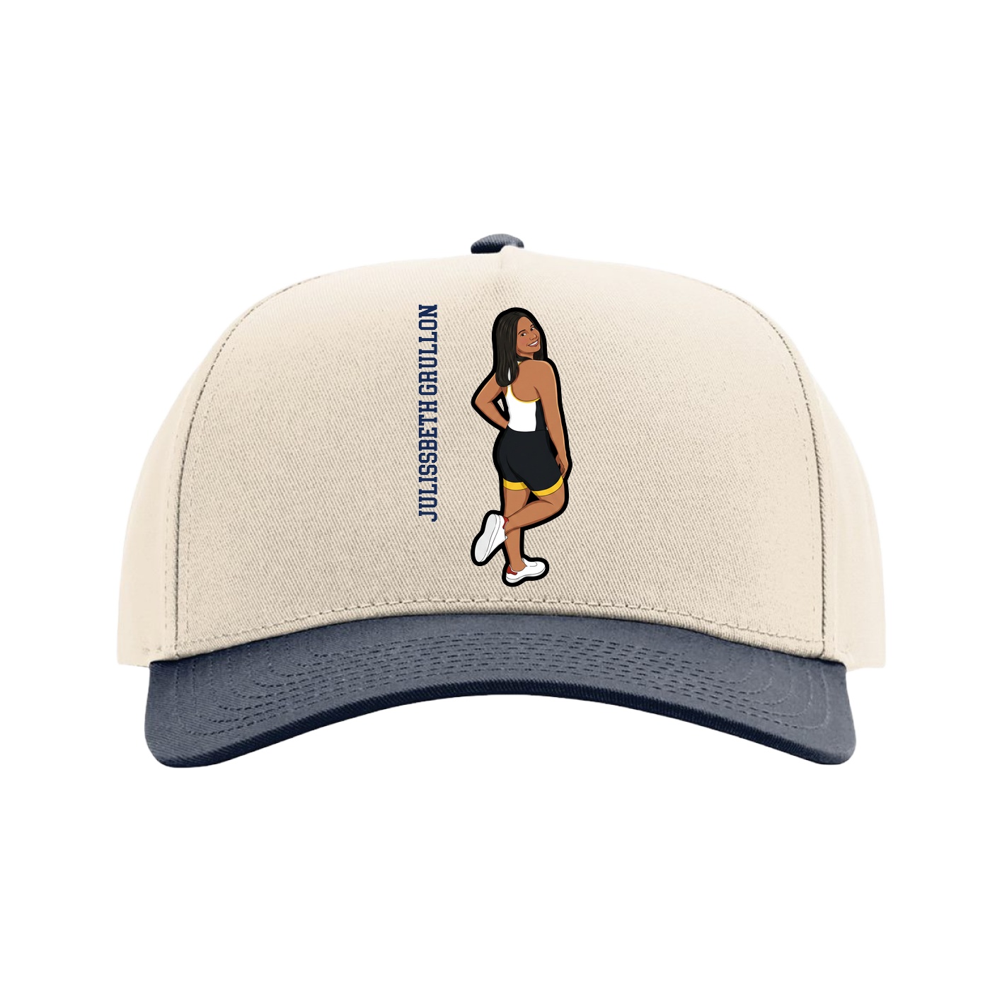 Full Fabric Five-Panel Champ Cap — Name Vertical in Cream/Navy