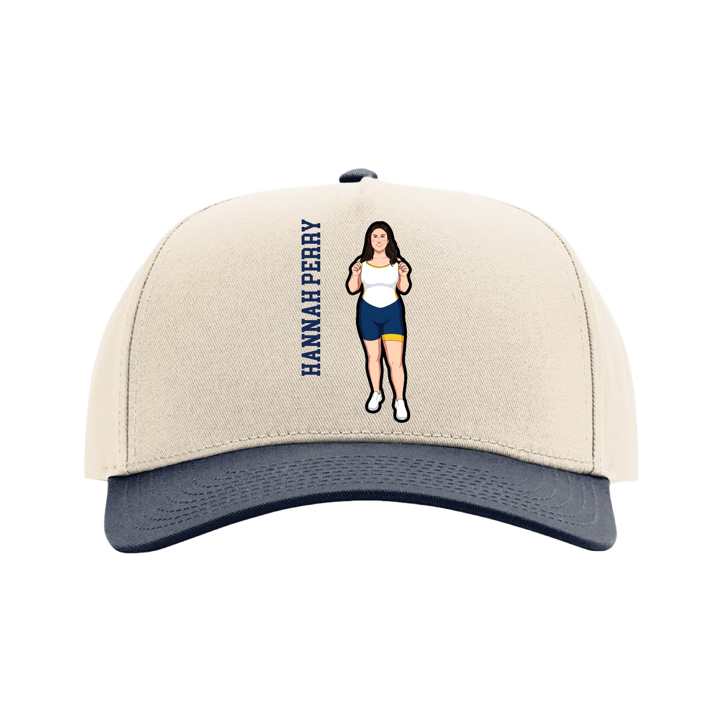 Full Fabric Five-Panel Champ Cap — Name Vertical in Cream/Navy