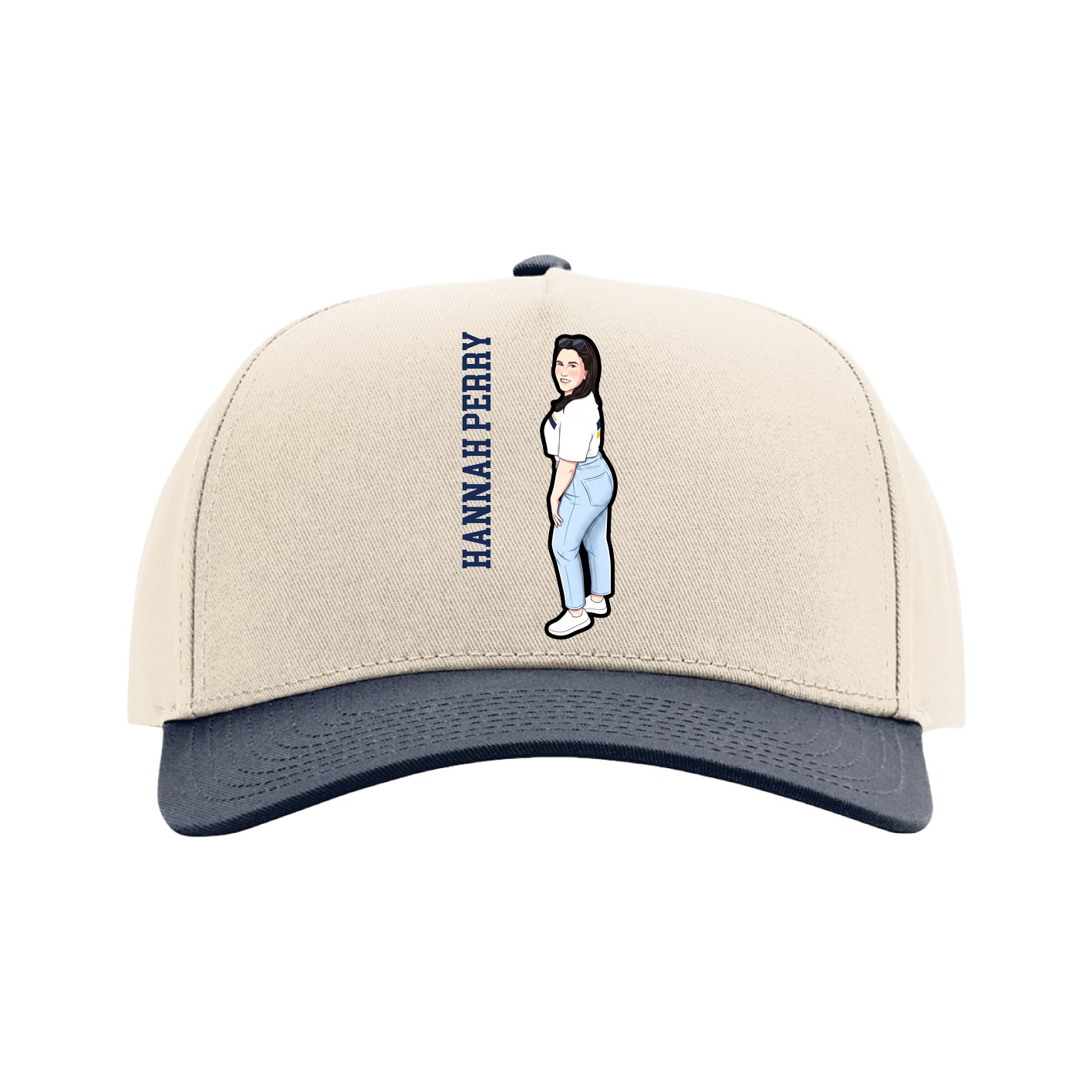 Full Fabric Five-Panel Champ Cap — Name Vertical in Cream/Navy