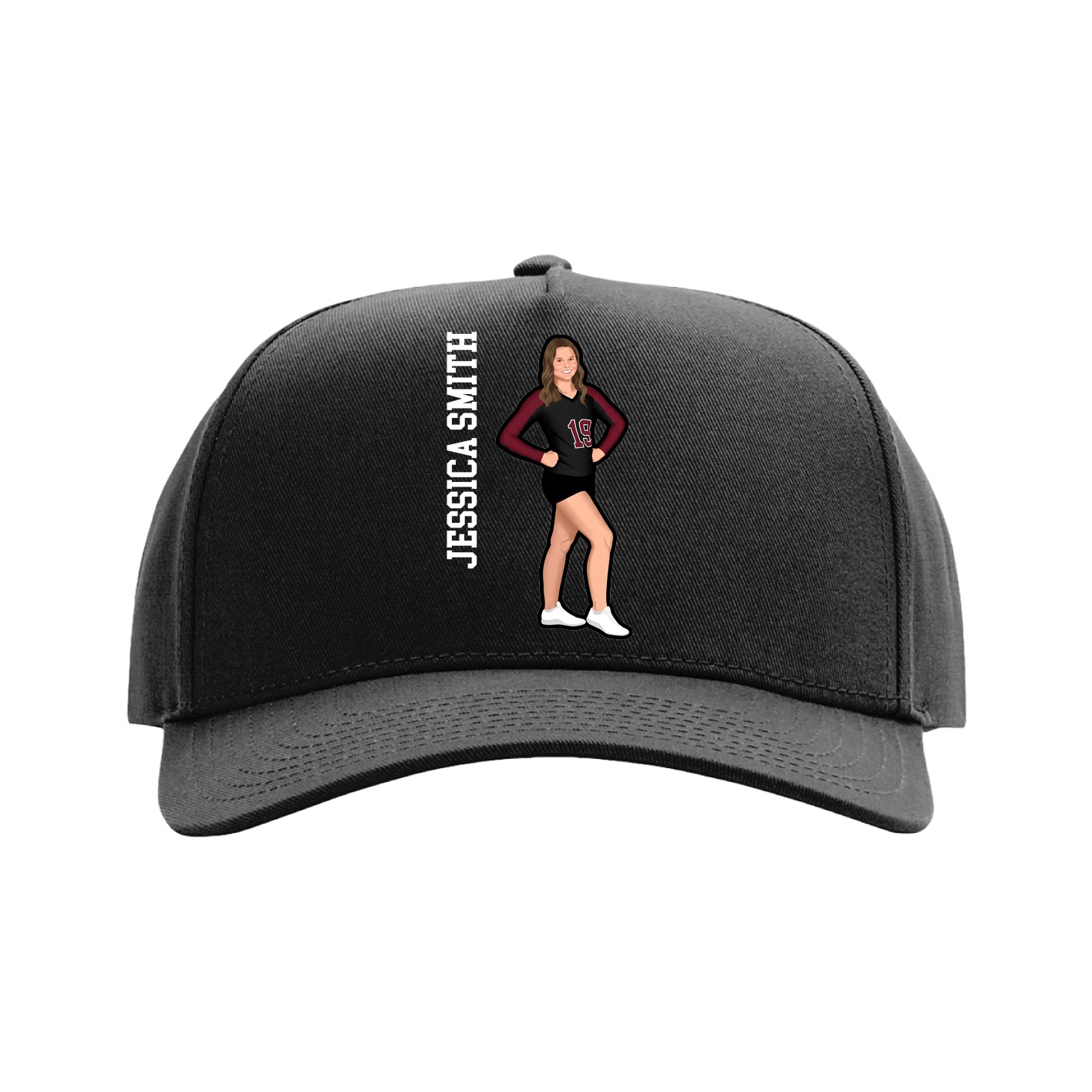 Full Fabric Five-Panel Champ Cap — Name Vertical in Black