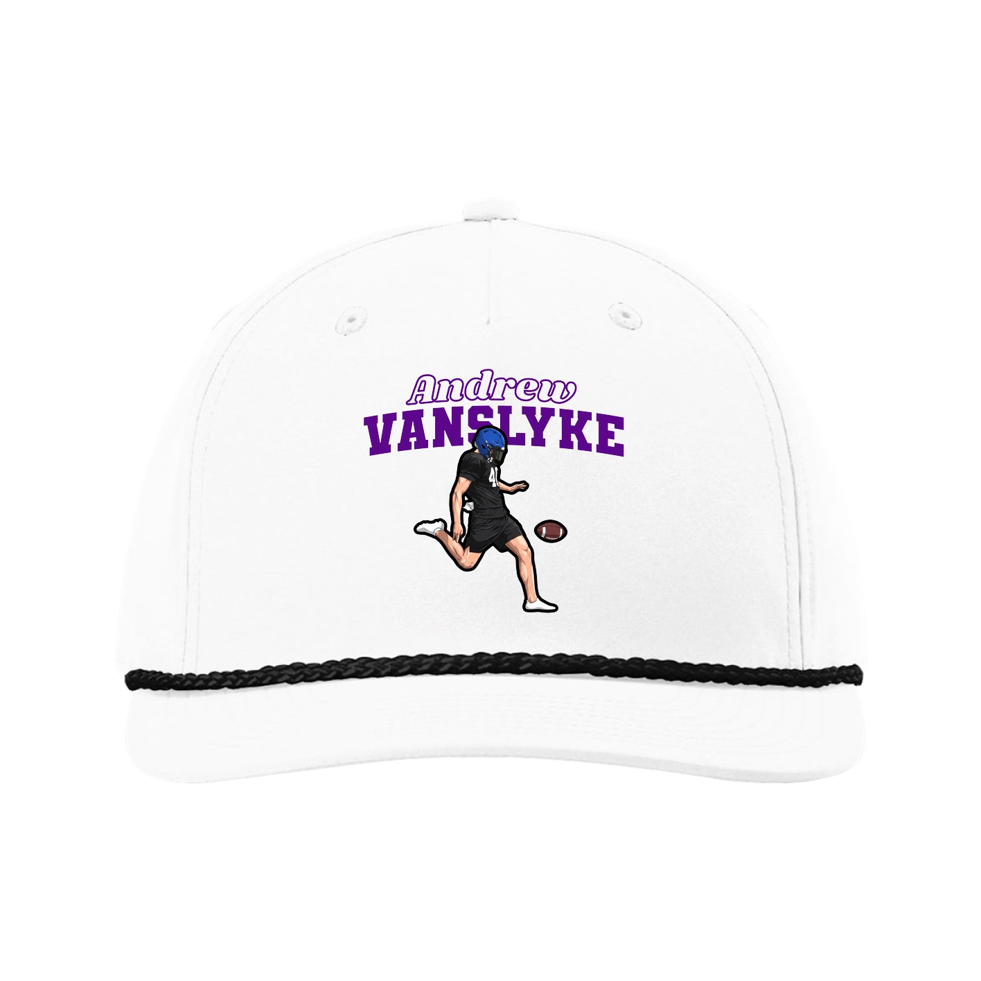 Five-Panel Classic Rope Cap — Name Arch in White
