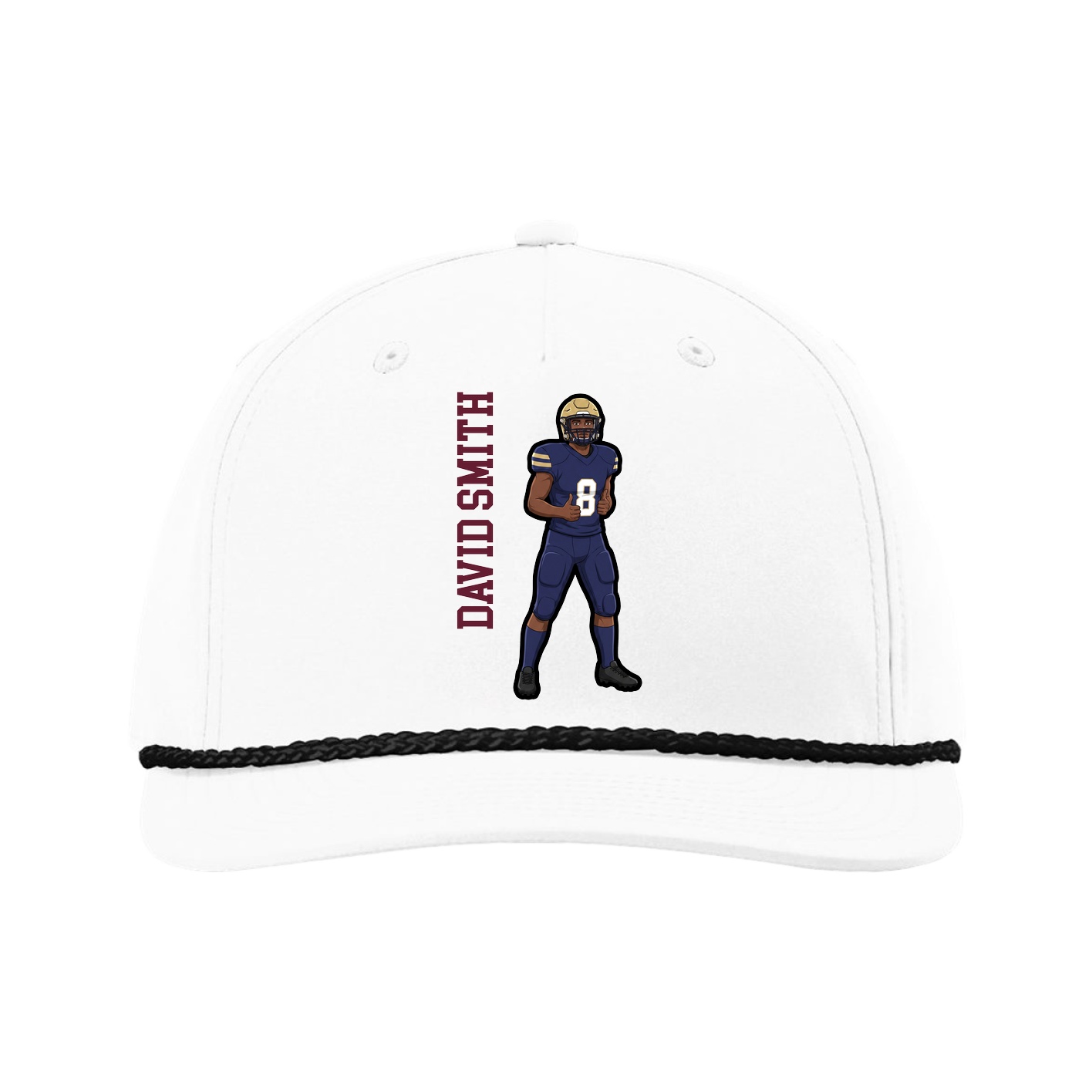 Five-Panel Classic Rope Cap — Name Vertical in White