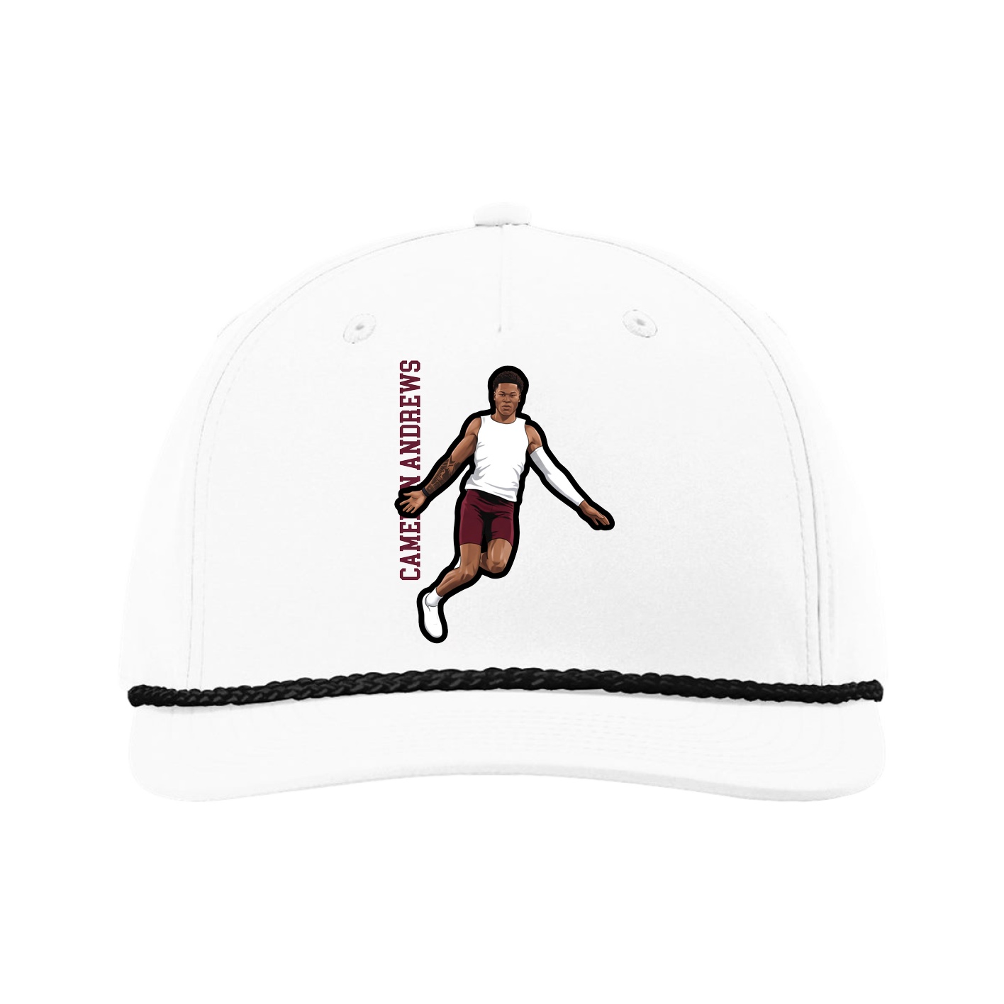 Five-Panel Classic Rope Cap — Name Vertical in White