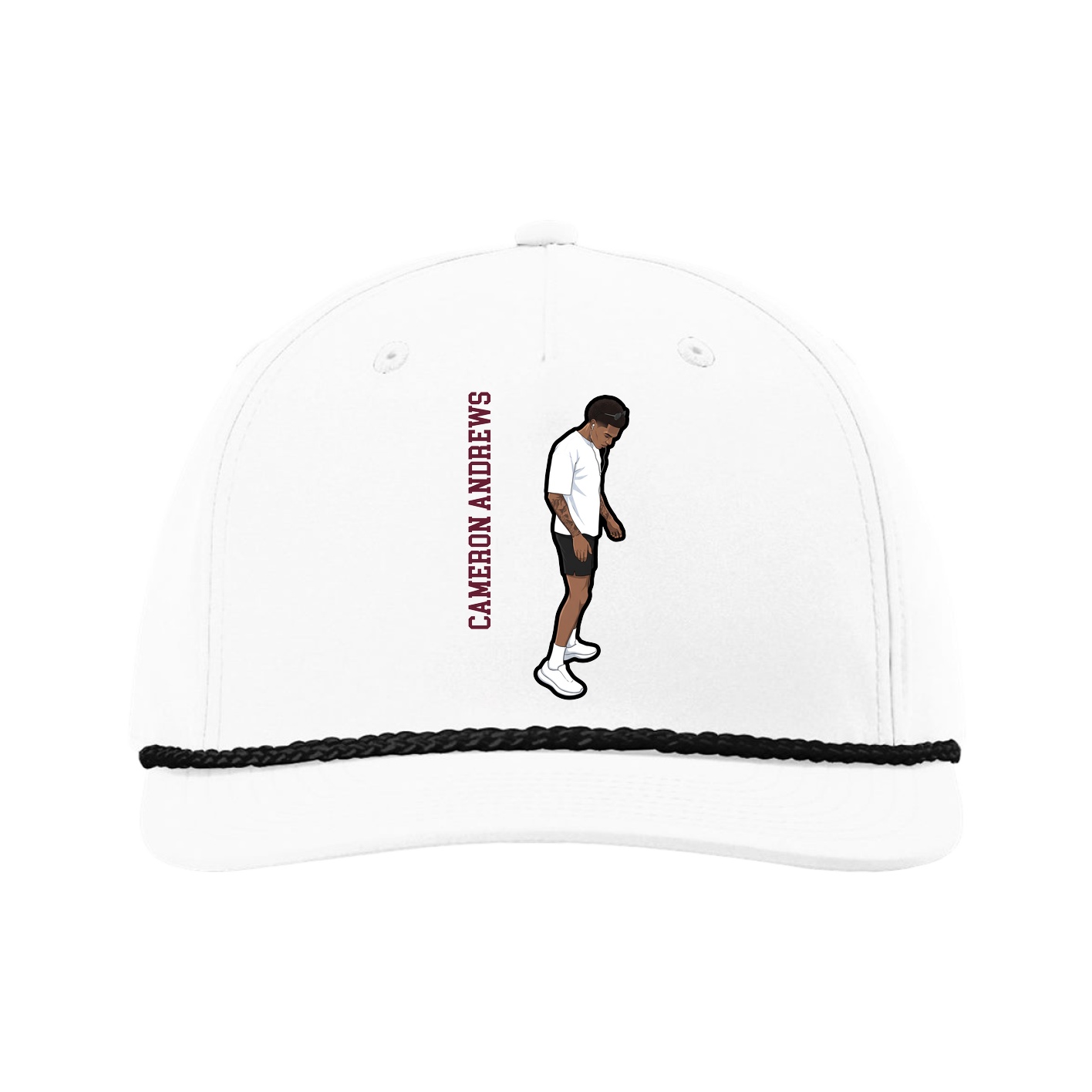 Five-Panel Classic Rope Cap — Name Vertical in White