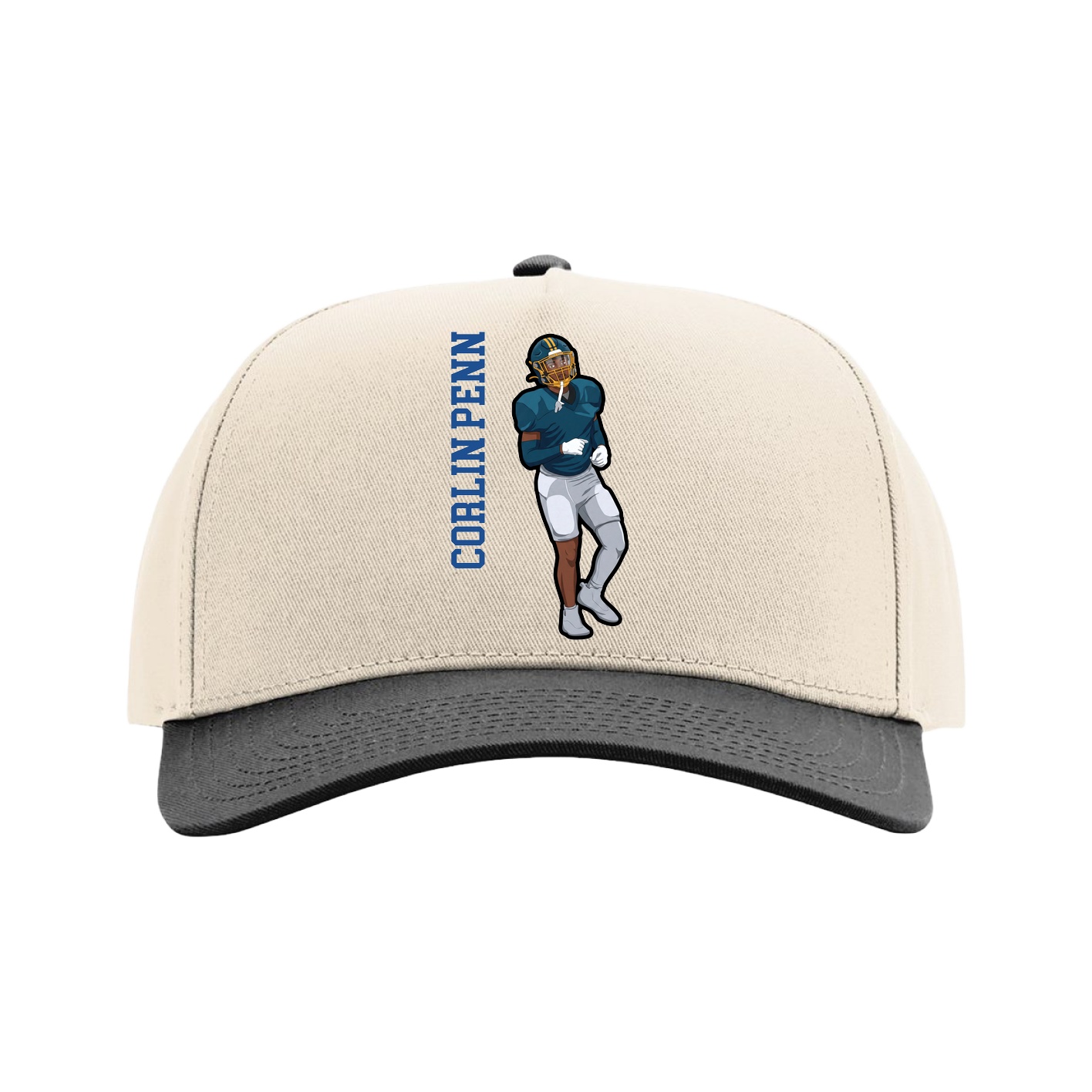 Full Fabric Five-Panel Champ Cap — Name Vertical in Cream/Black
