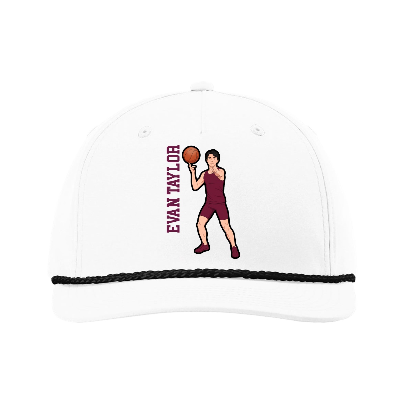 Five-Panel Classic Rope Cap — Name Vertical in White