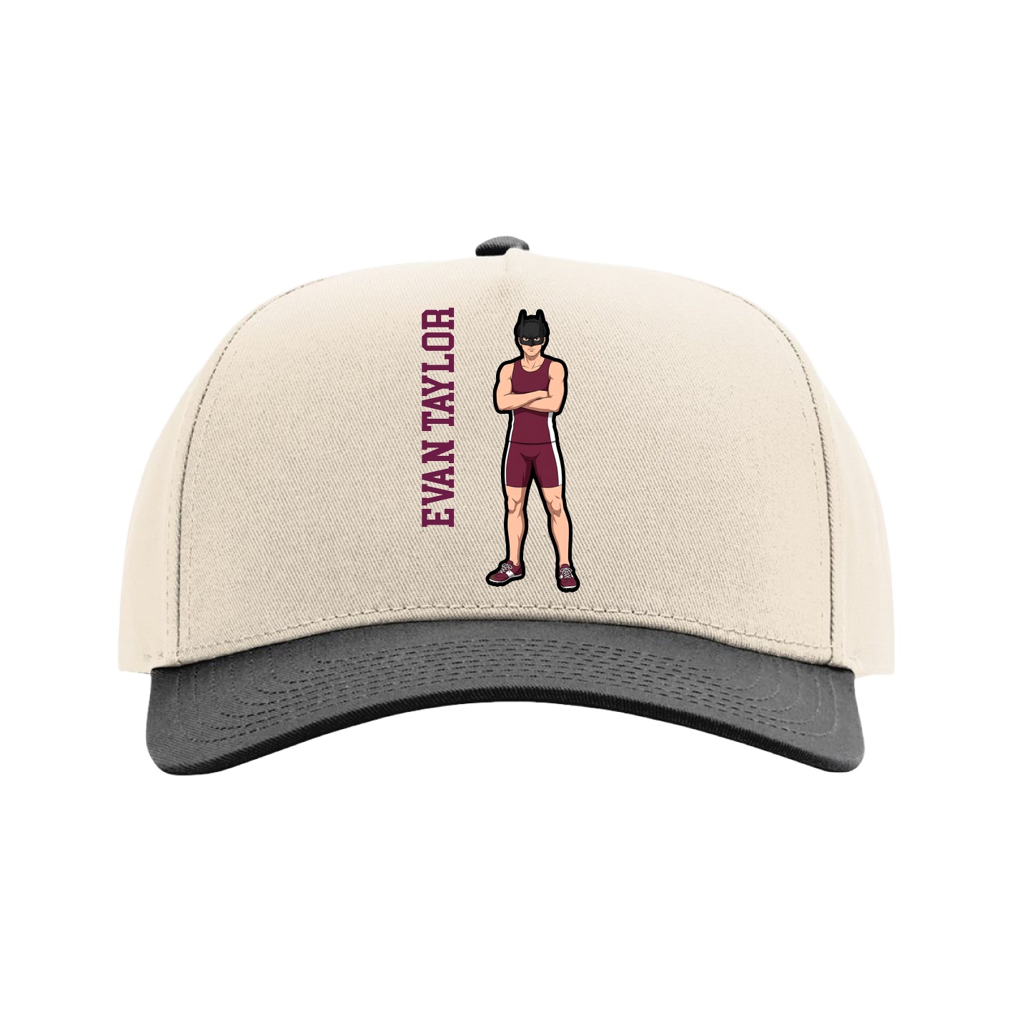 Full Fabric Five-Panel Champ Cap — Name Vertical in Cream/Black
