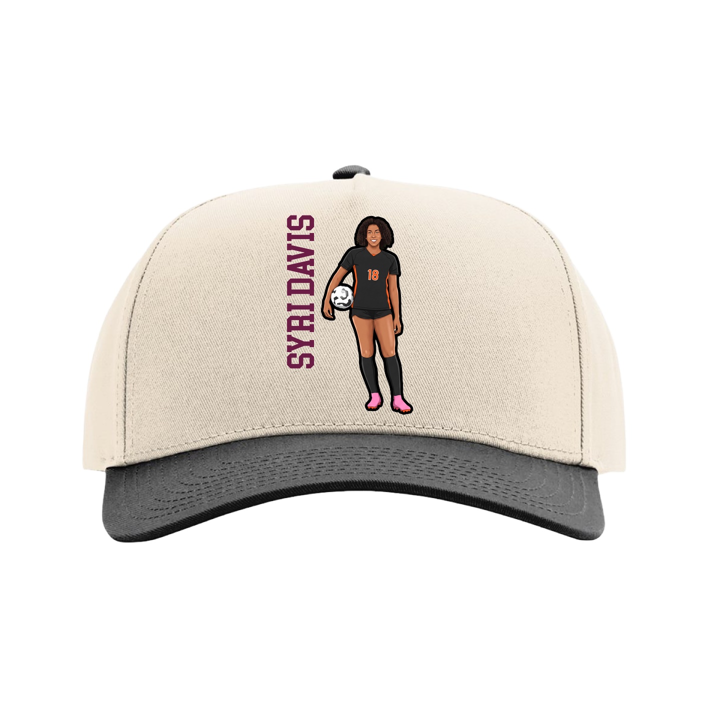 Full Fabric Five-Panel Champ Cap — Name Vertical in Cream/Black