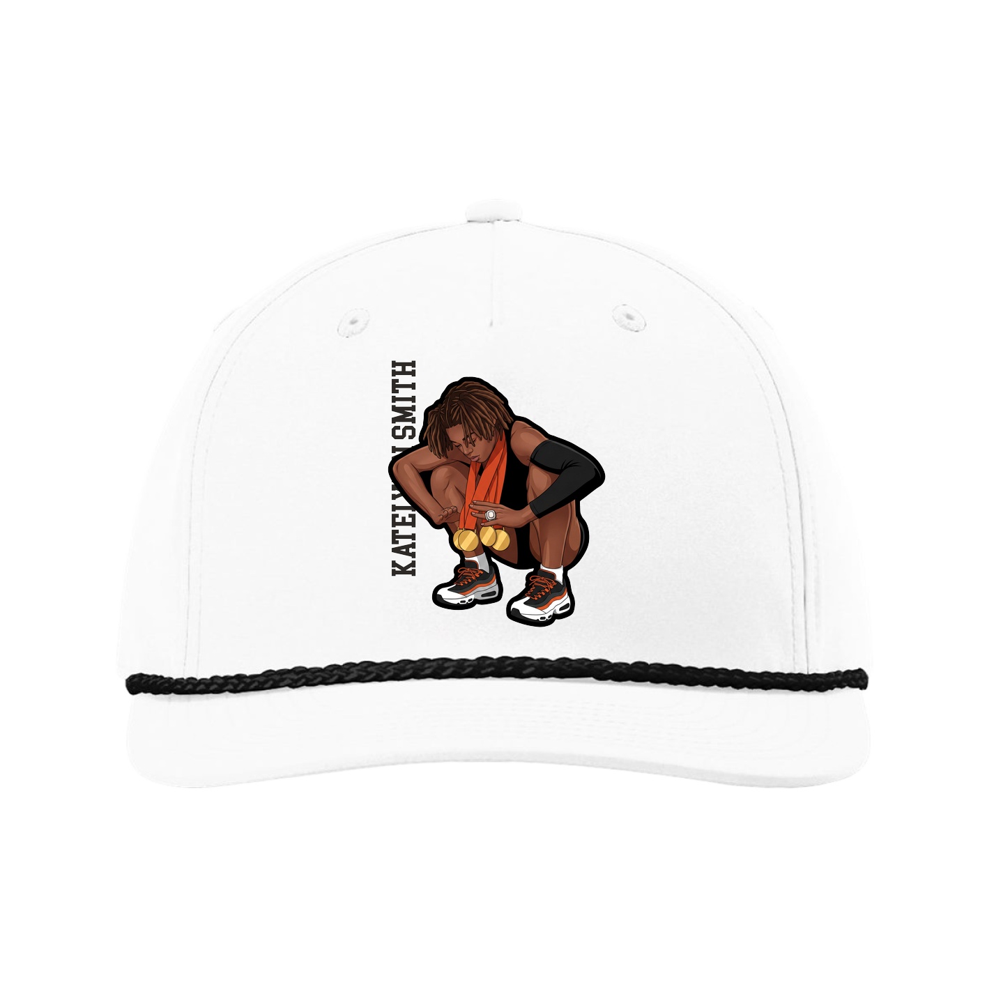 Five-Panel Classic Rope Cap — Name Vertical in White