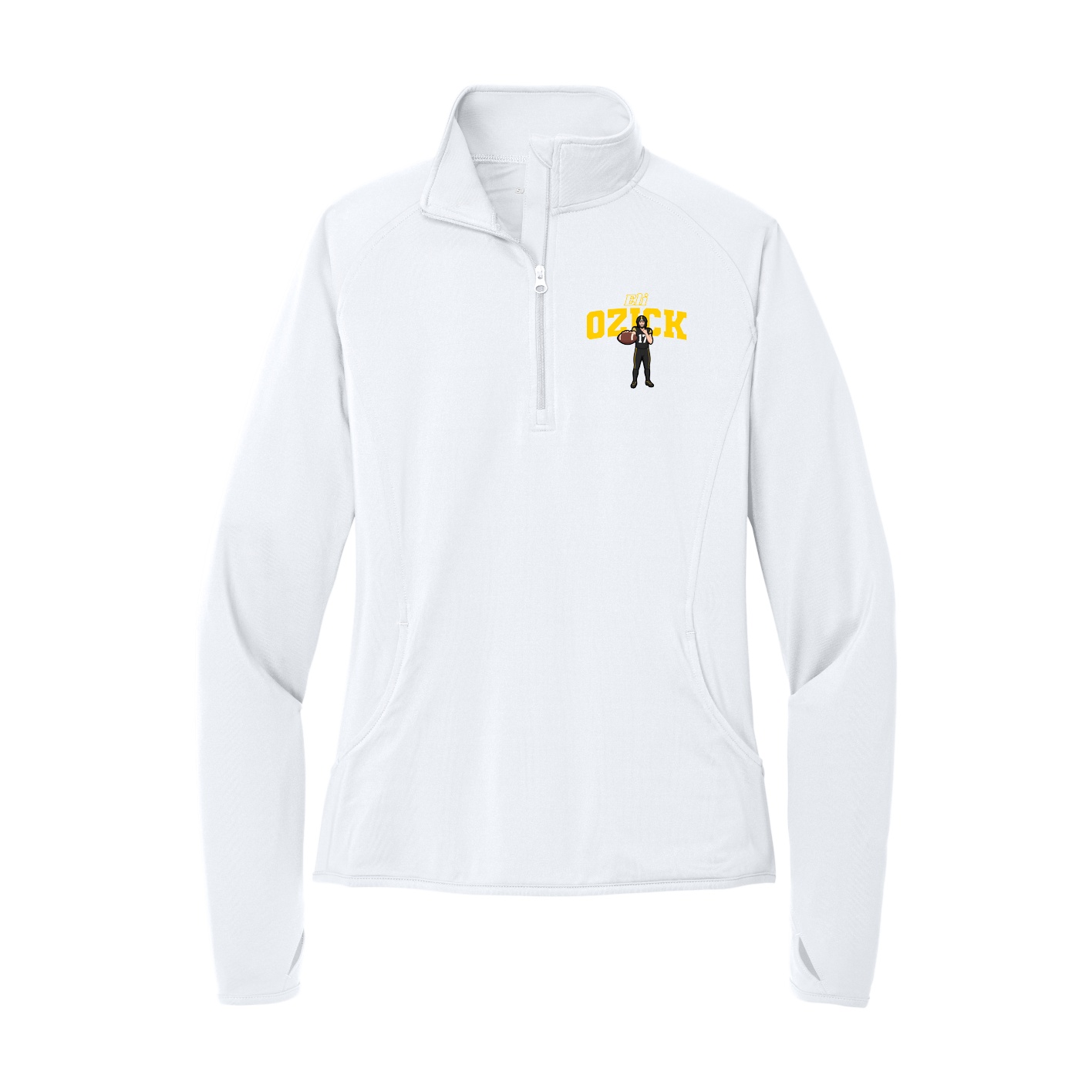 Women's Q-Zip Pullover — Name Arch in White