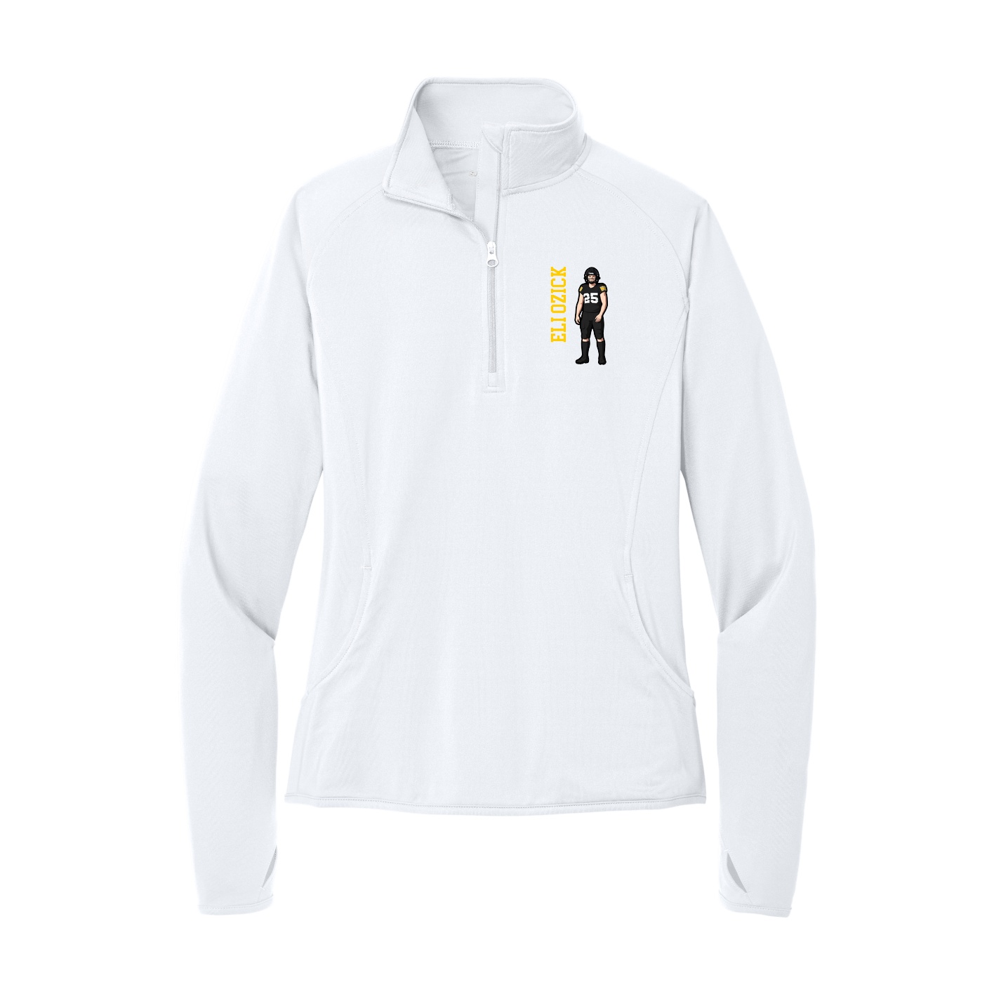 Women's Q-Zip Pullover — Name Vertical in White