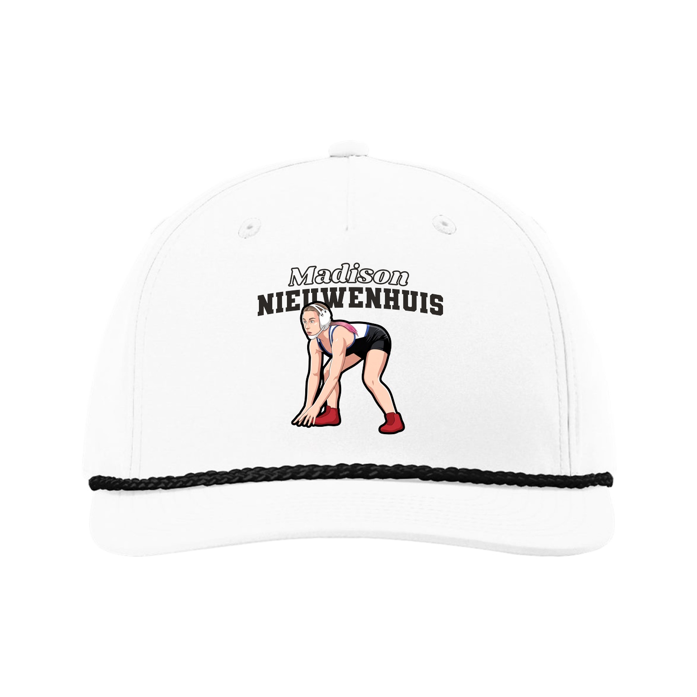 Five-Panel Classic Rope Cap — Name Arch in White