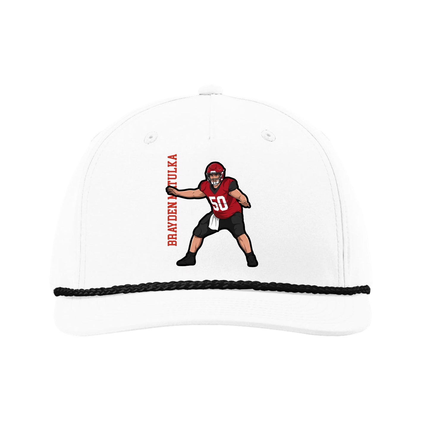 Five-Panel Classic Rope Cap — Name Vertical in White