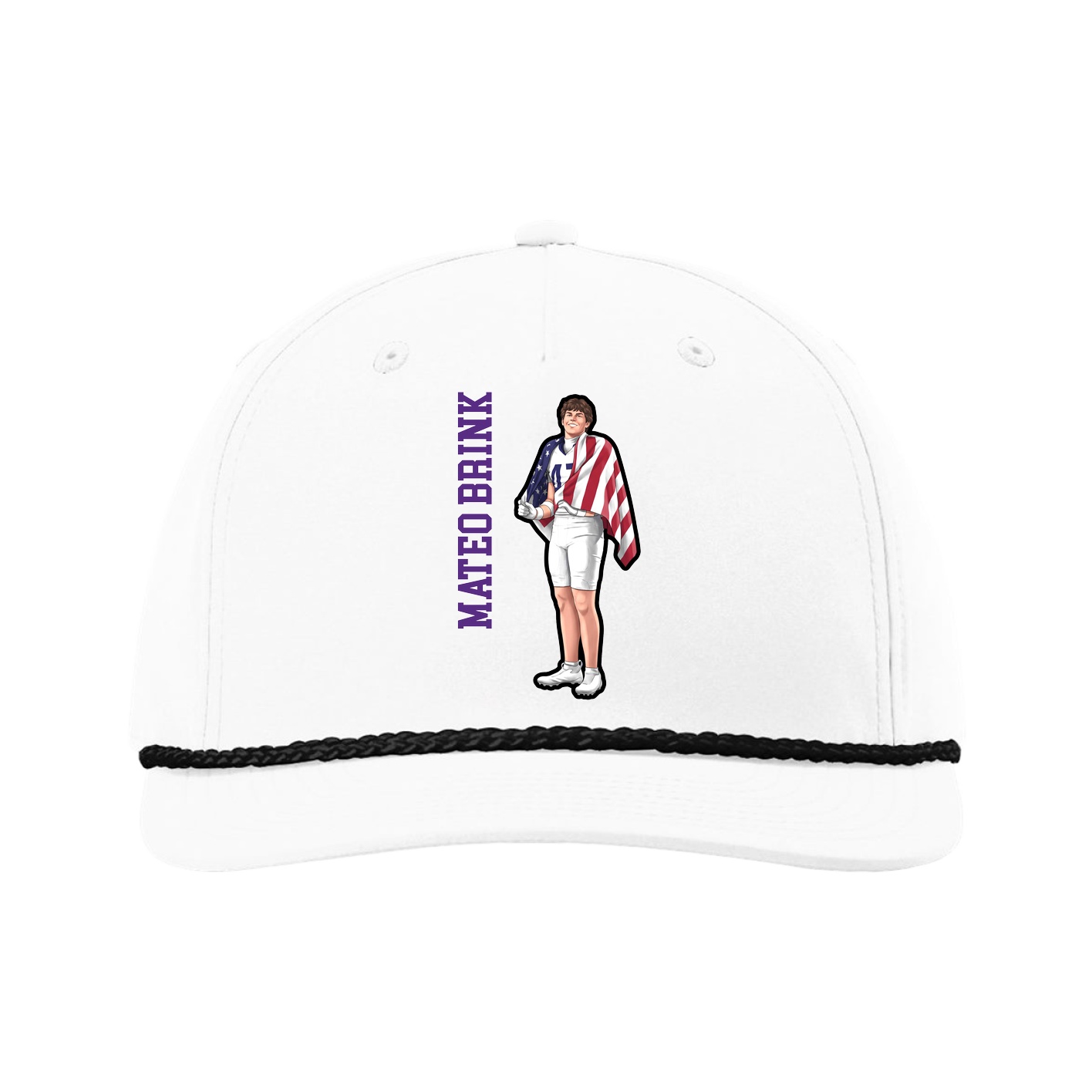 Five-Panel Classic Rope Cap — Name Vertical in White
