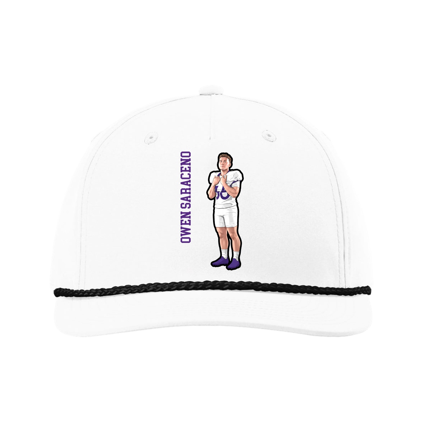 Five-Panel Classic Rope Cap — Name Vertical in White