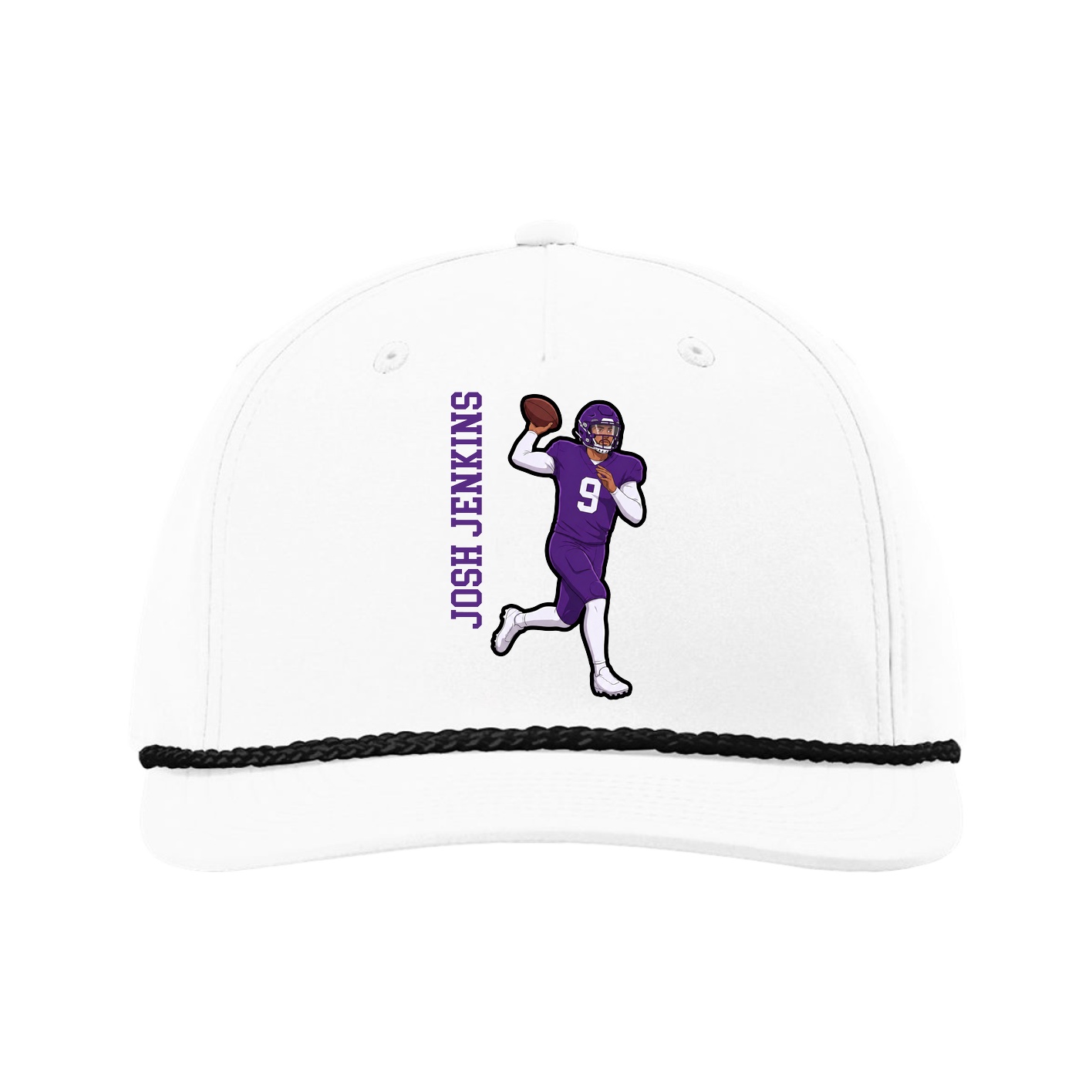 Five-Panel Classic Rope Cap — Name Vertical in White