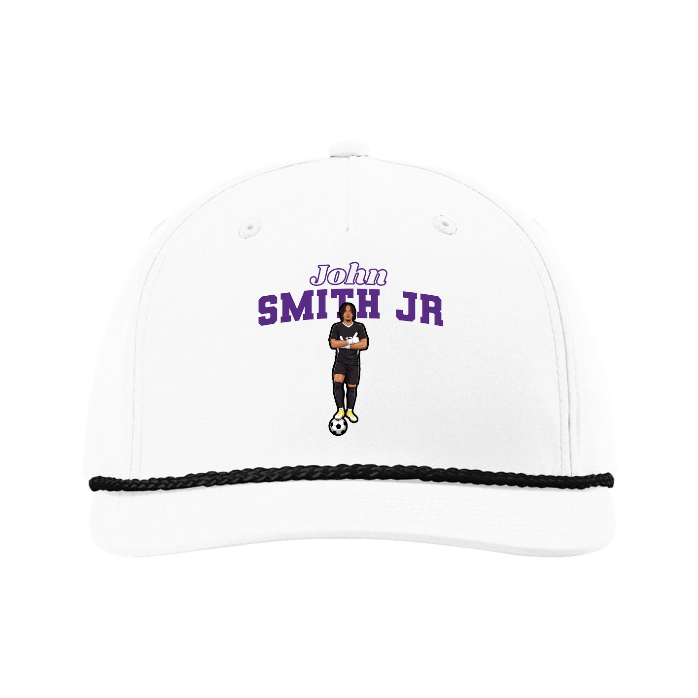 Five-Panel Classic Rope Cap — Name Arch in White