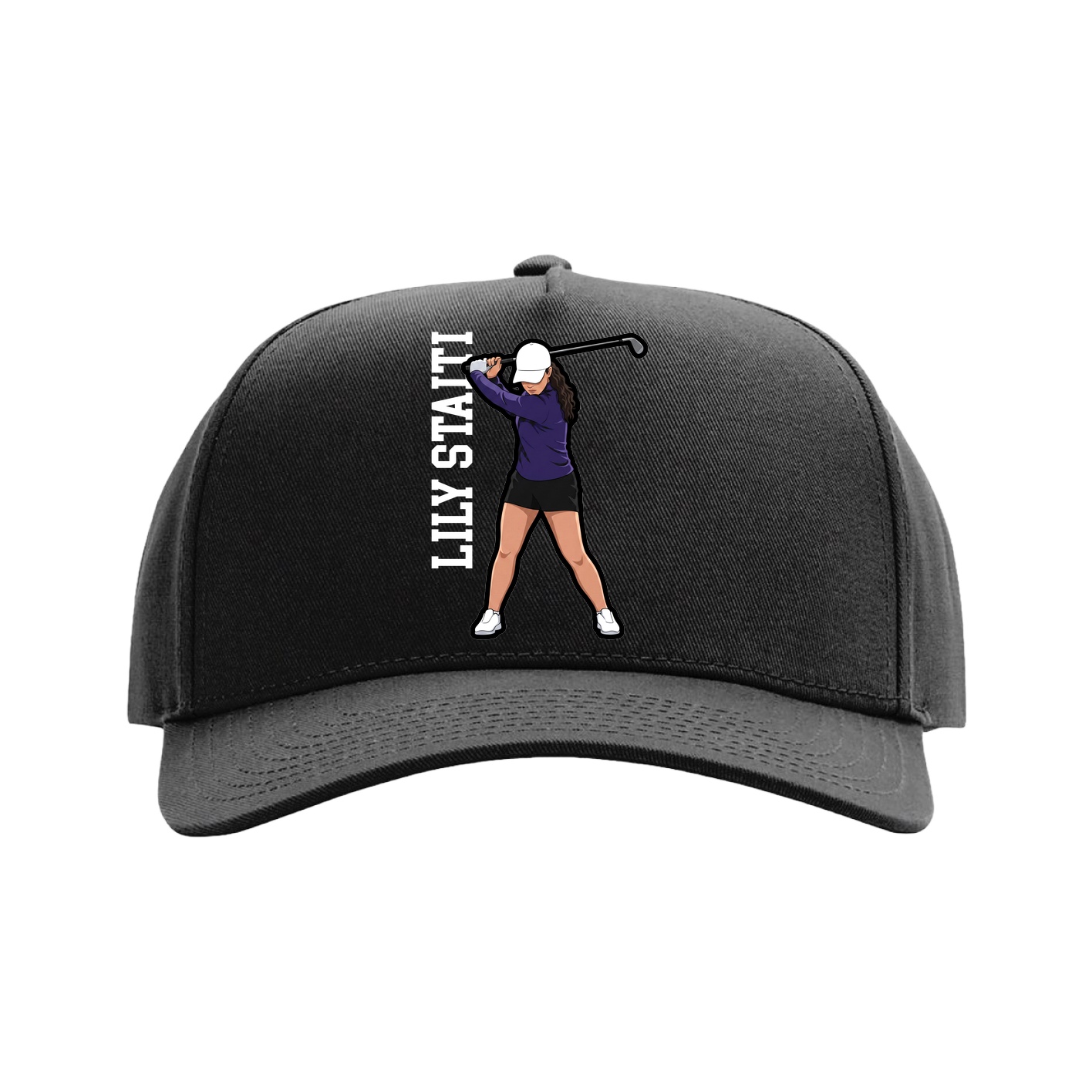 Full Fabric Five-Panel Champ Cap — Name Vertical in Black