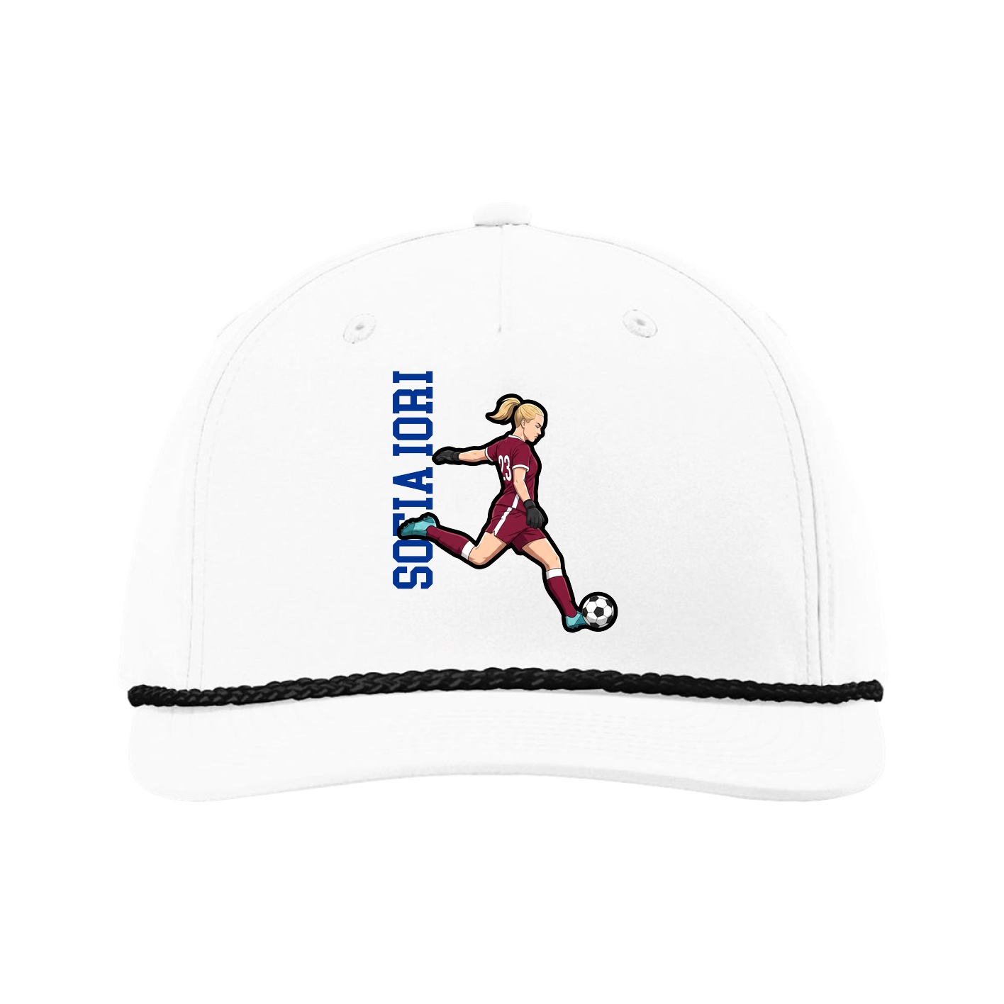 Five-Panel Classic Rope Cap — Name Vertical in White
