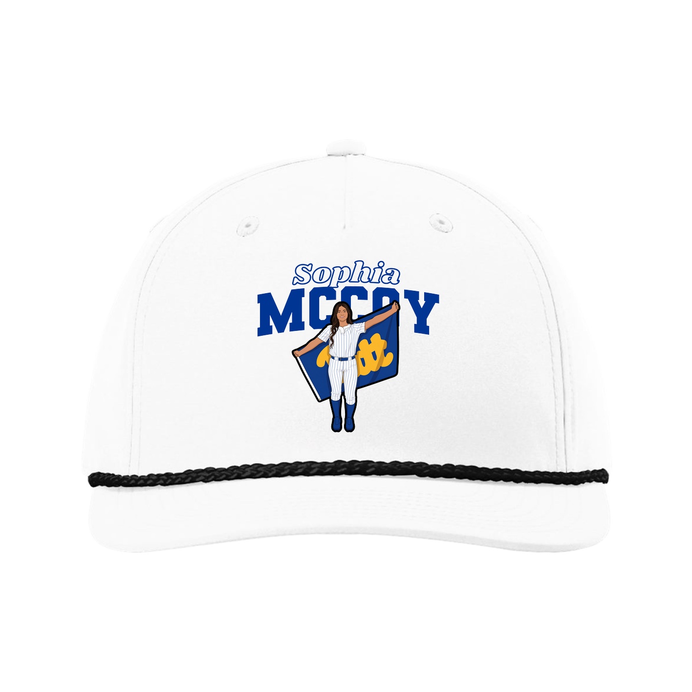 Five-Panel Classic Rope Cap — Name Arch in White