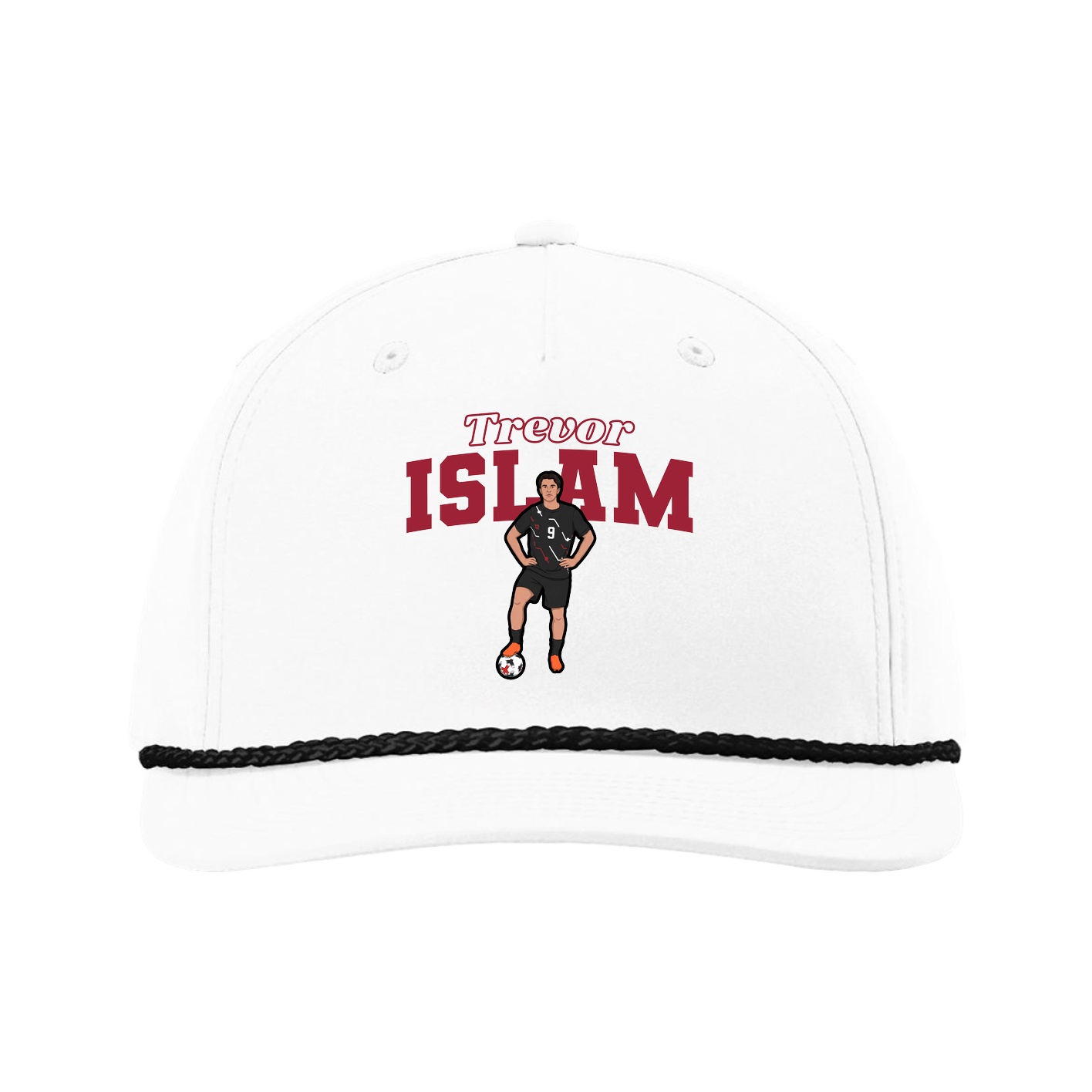 Five-Panel Classic Rope Cap — Name Arch in White