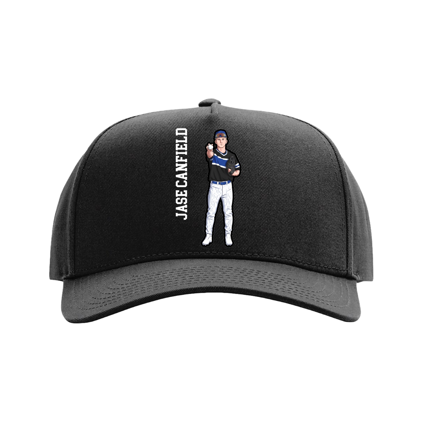 Full Fabric Five-Panel Champ Cap — Name Vertical in Black