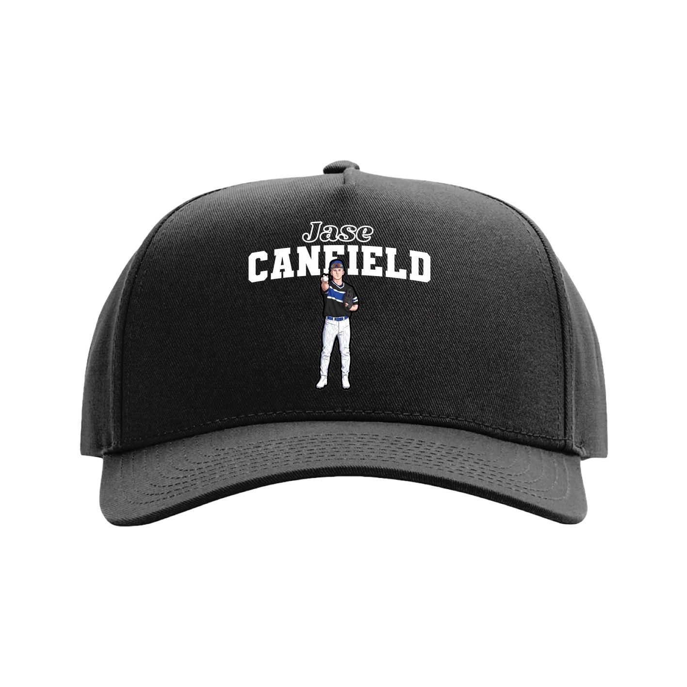 Full Fabric Five-Panel Champ Cap — Name Arch in Black
