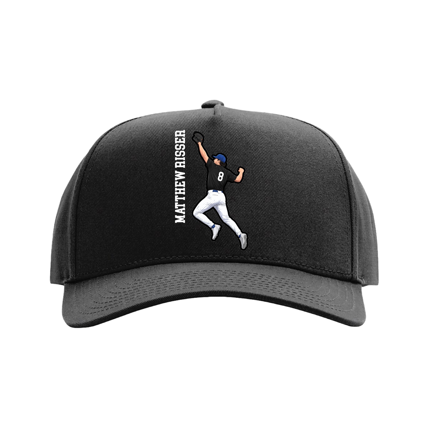 Full Fabric Five-Panel Champ Cap — Name Vertical in Black