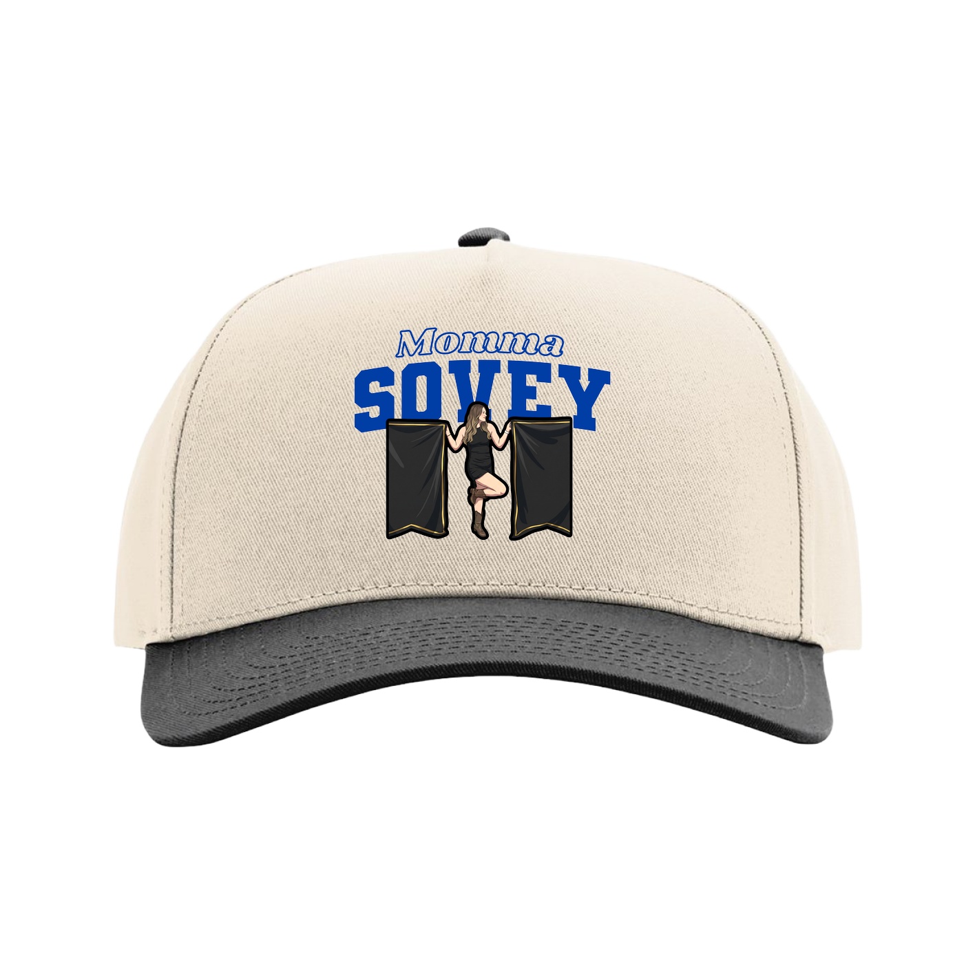 Full Fabric Five-Panel Champ Cap — Mothers Day Block in Cream/Black