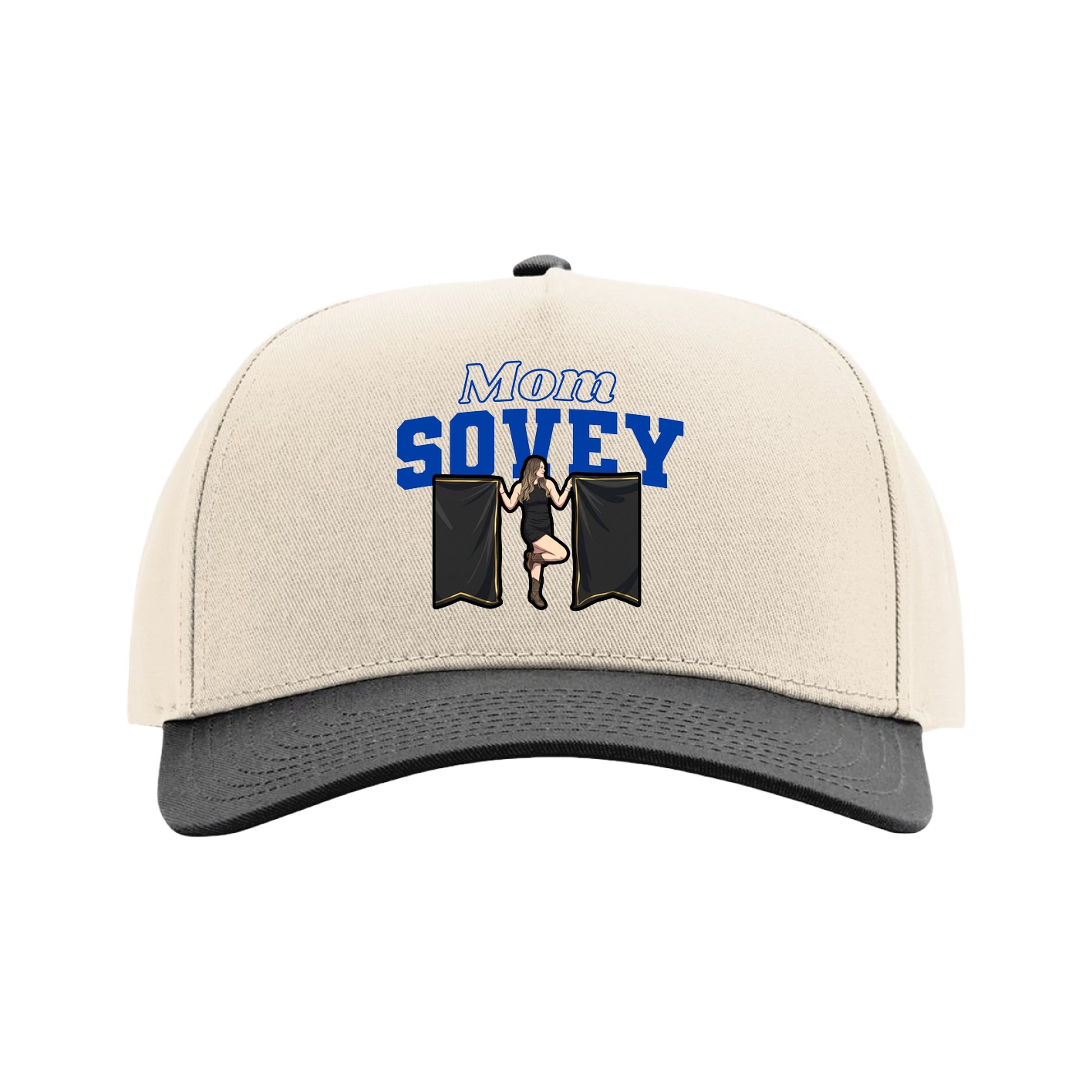 Full Fabric Five-Panel Champ Cap — Mothers Day Block in Cream/Black