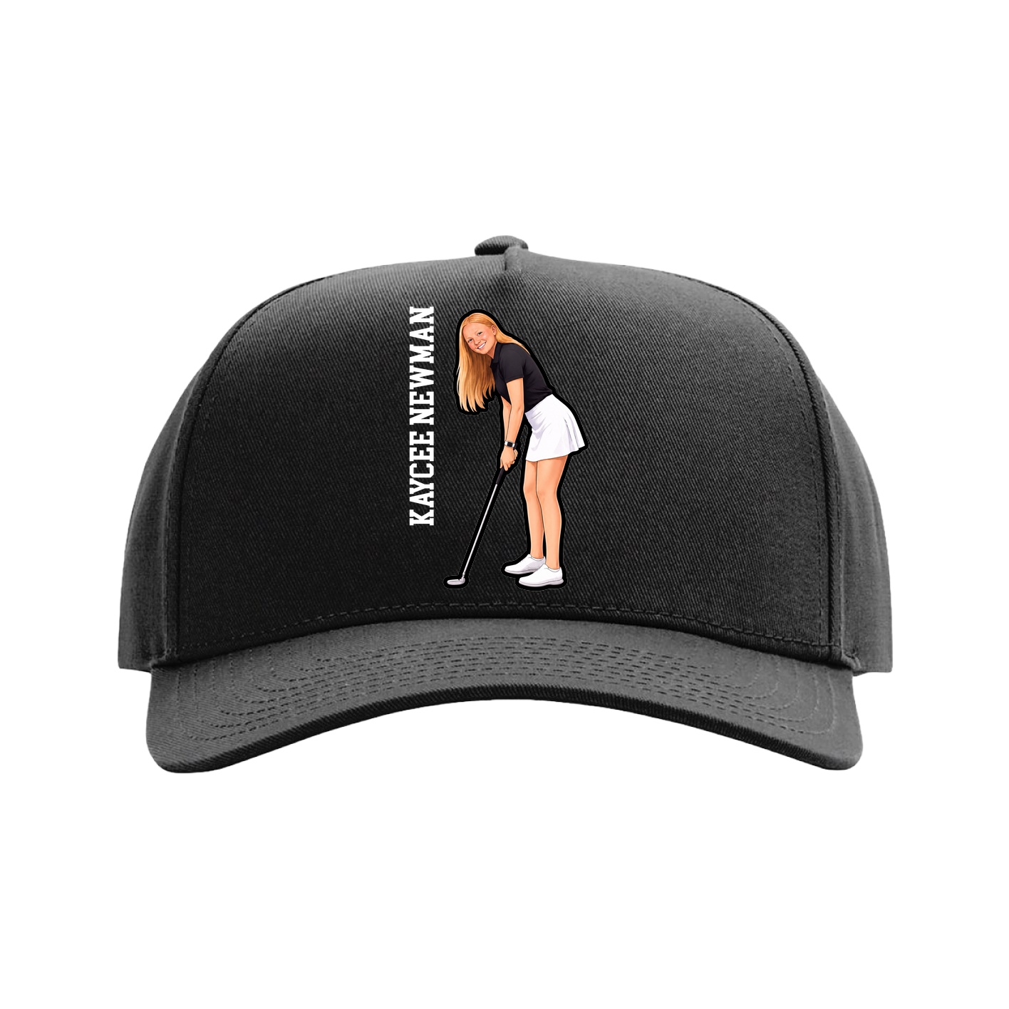 Full Fabric Five-Panel Champ Cap — Name Vertical in Black