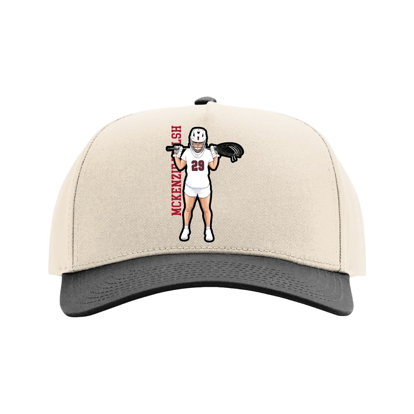 Full Fabric Five-Panel Champ Cap — Name Vertical in Cream/Black