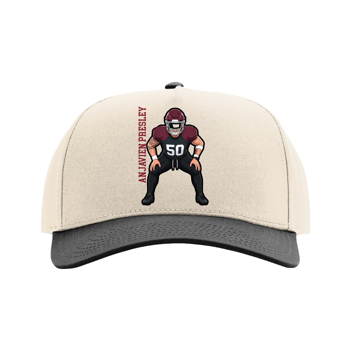 Full Fabric Five-Panel Champ Cap — Name Vertical in Cream/Black