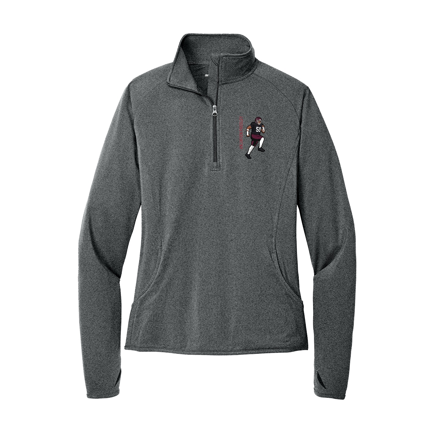 Women's Q-Zip Pullover — Name Vertical in Grey